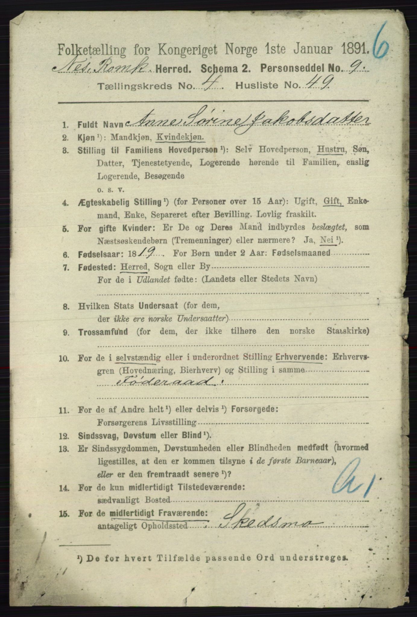 RA, 1891 census for 0236 Nes, 1891, p. 2542