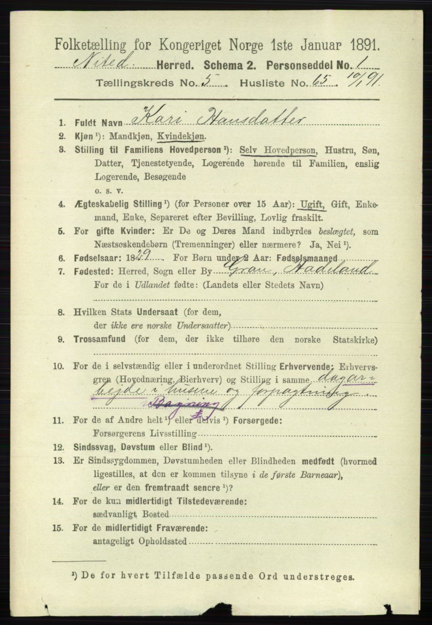 RA, 1891 census for 0233 Nittedal, 1891, p. 2537