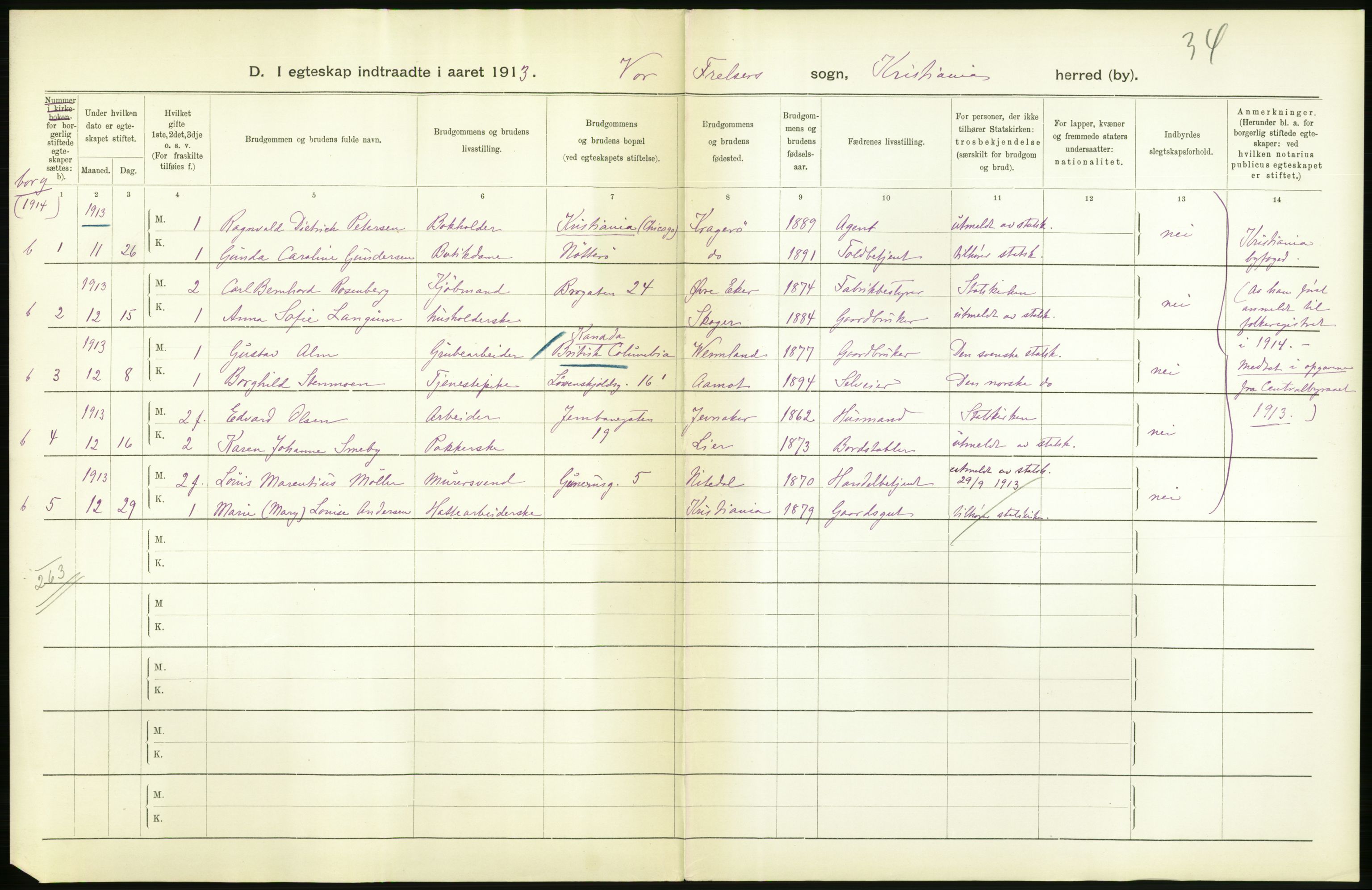 Statistisk sentralbyrå, Sosiodemografiske emner, Befolkning, AV/RA-S-2228/D/Df/Dfb/Dfbc/L0008: Kristiania: Gifte., 1913, p. 756