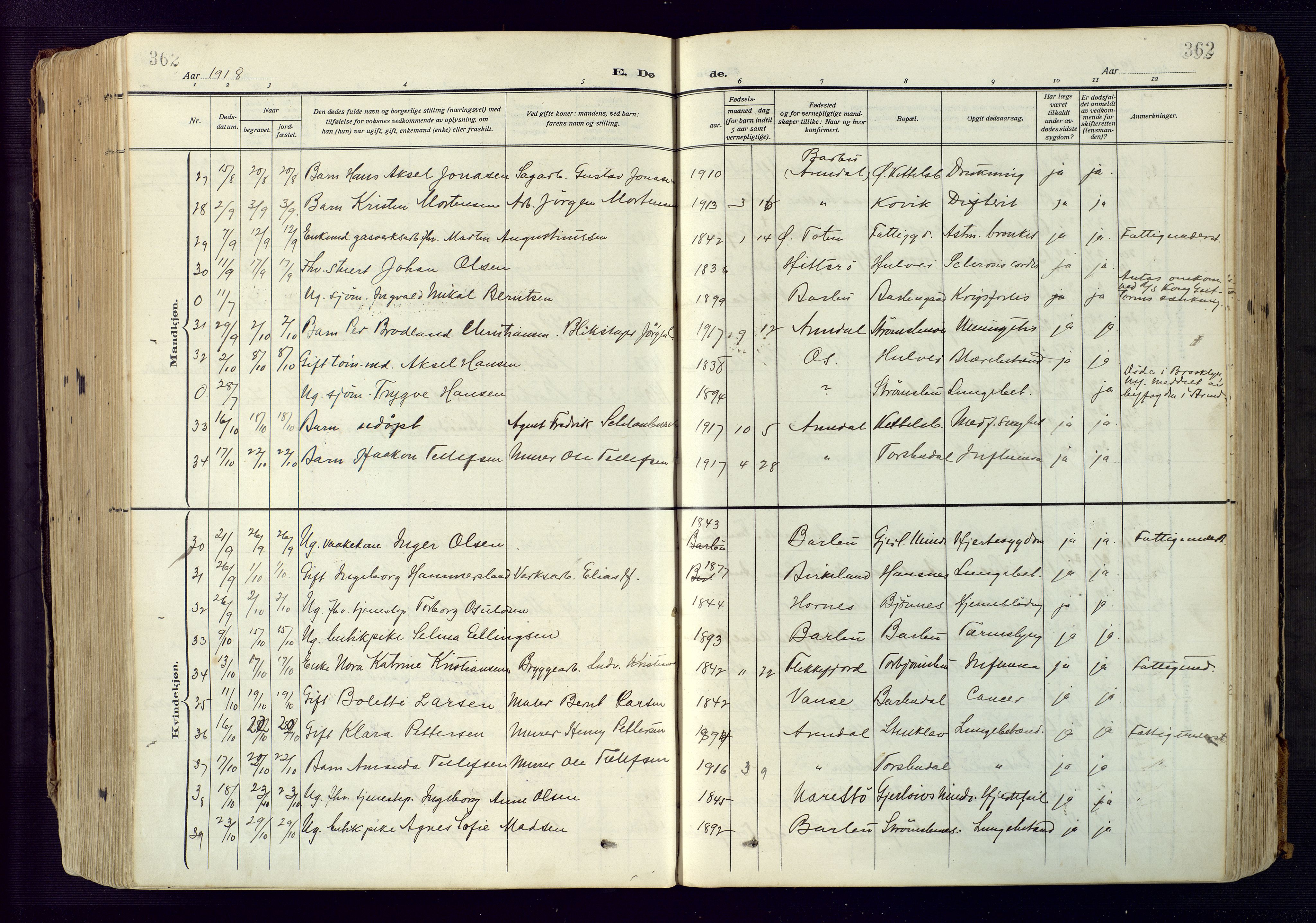 Barbu sokneprestkontor, AV/SAK-1111-0003/F/Fa/L0006: Parish register (official) no. A 6, 1910-1929, p. 362