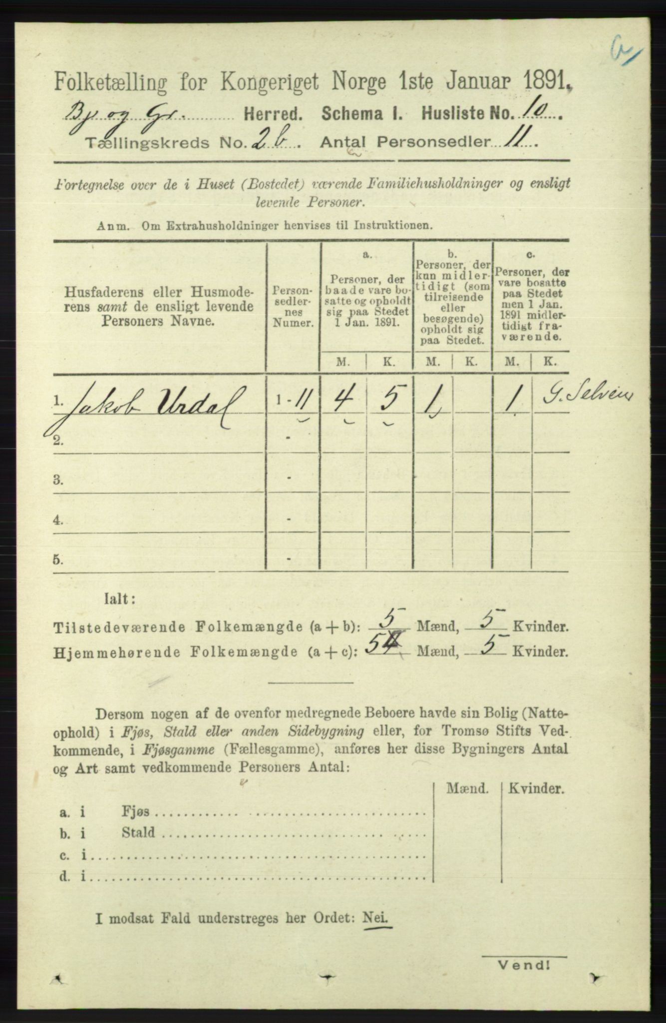 RA, 1891 census for 1024 Bjelland og Grindheim, 1891, p. 1086