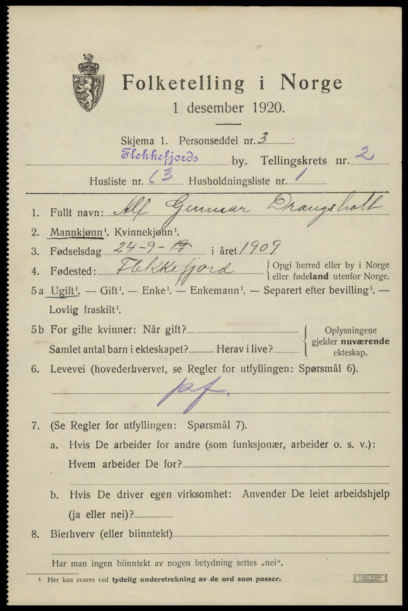 SAK, 1920 census for Flekkefjord, 1920, p. 3242