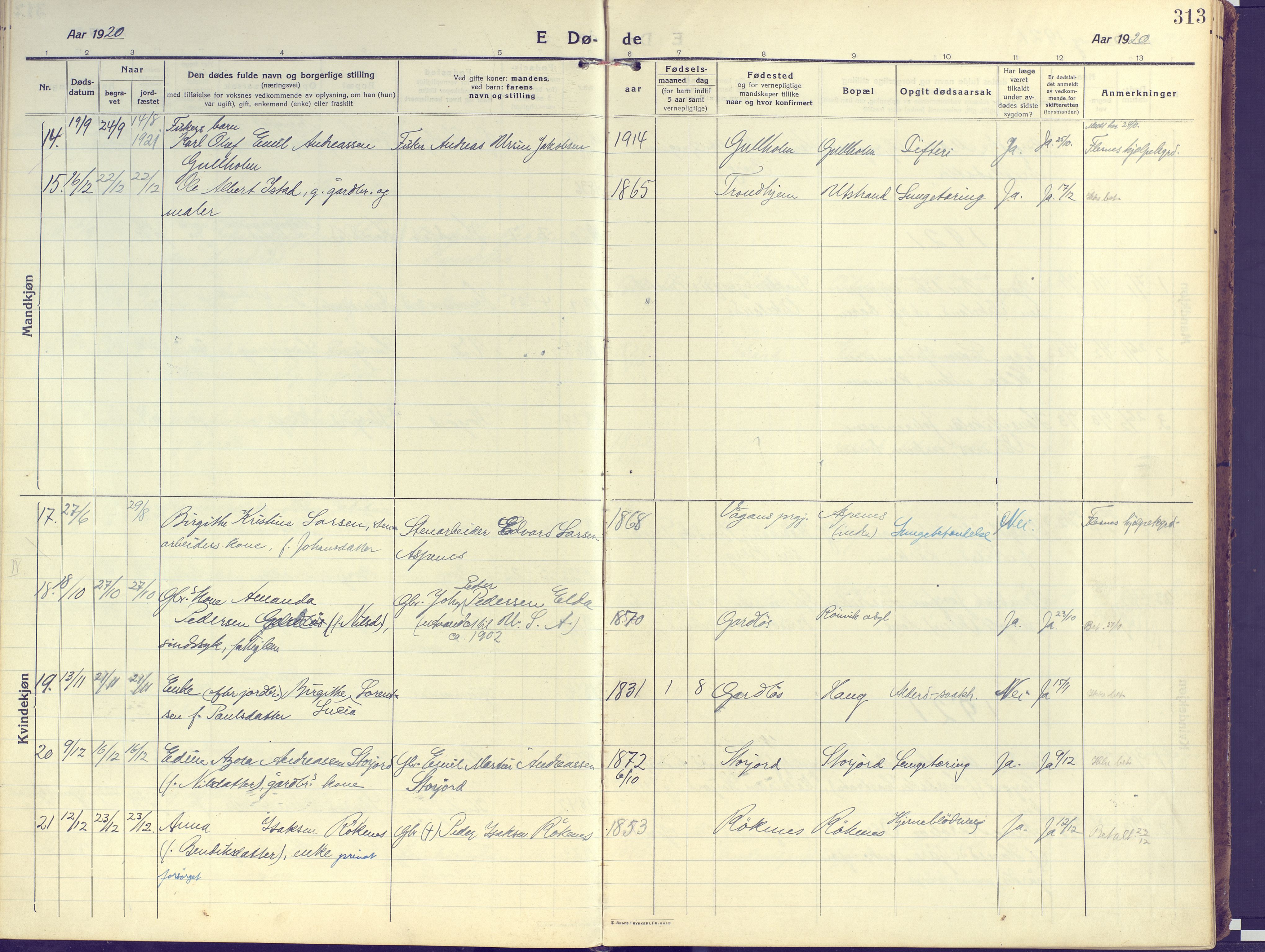 Kvæfjord sokneprestkontor, SATØ/S-1323/G/Ga/Gaa/L0007kirke: Parish register (official) no. 7, 1915-1931, p. 313