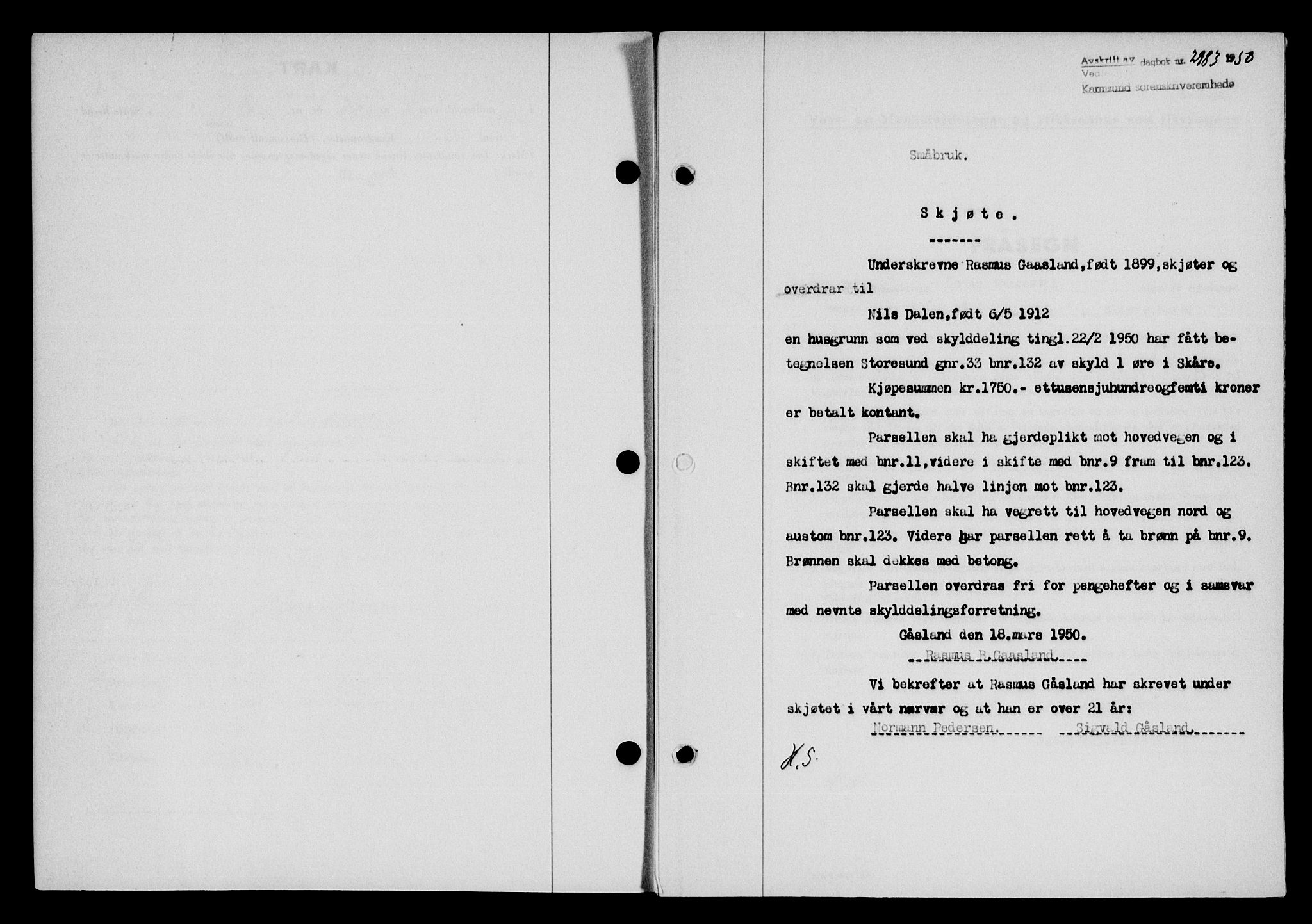 Karmsund sorenskriveri, SAST/A-100311/01/II/IIB/L0101: Mortgage book no. 81A, 1950-1951, Diary no: : 2983/1950