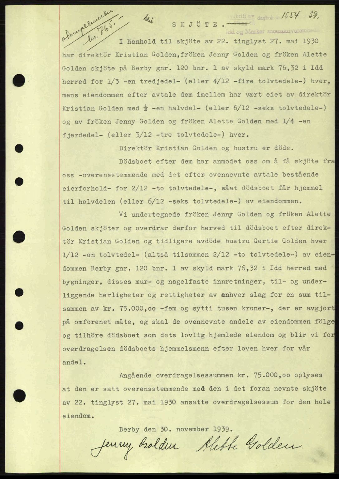 Idd og Marker sorenskriveri, AV/SAO-A-10283/G/Gb/Gbb/L0003: Mortgage book no. A3, 1938-1939, Diary no: : 1554/1939