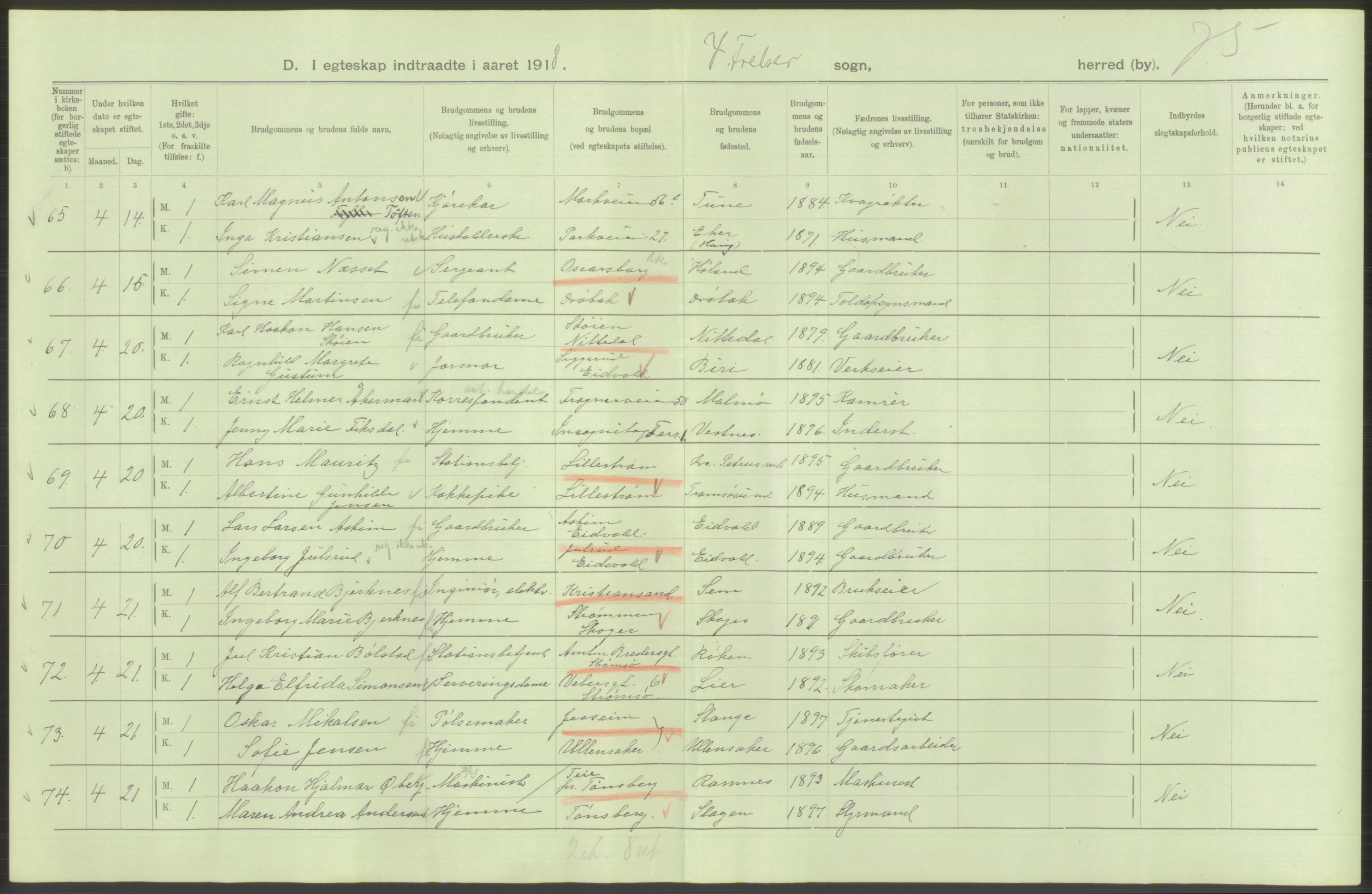 Statistisk sentralbyrå, Sosiodemografiske emner, Befolkning, AV/RA-S-2228/D/Df/Dfb/Dfbh/L0009: Kristiania: Gifte, 1918, p. 60