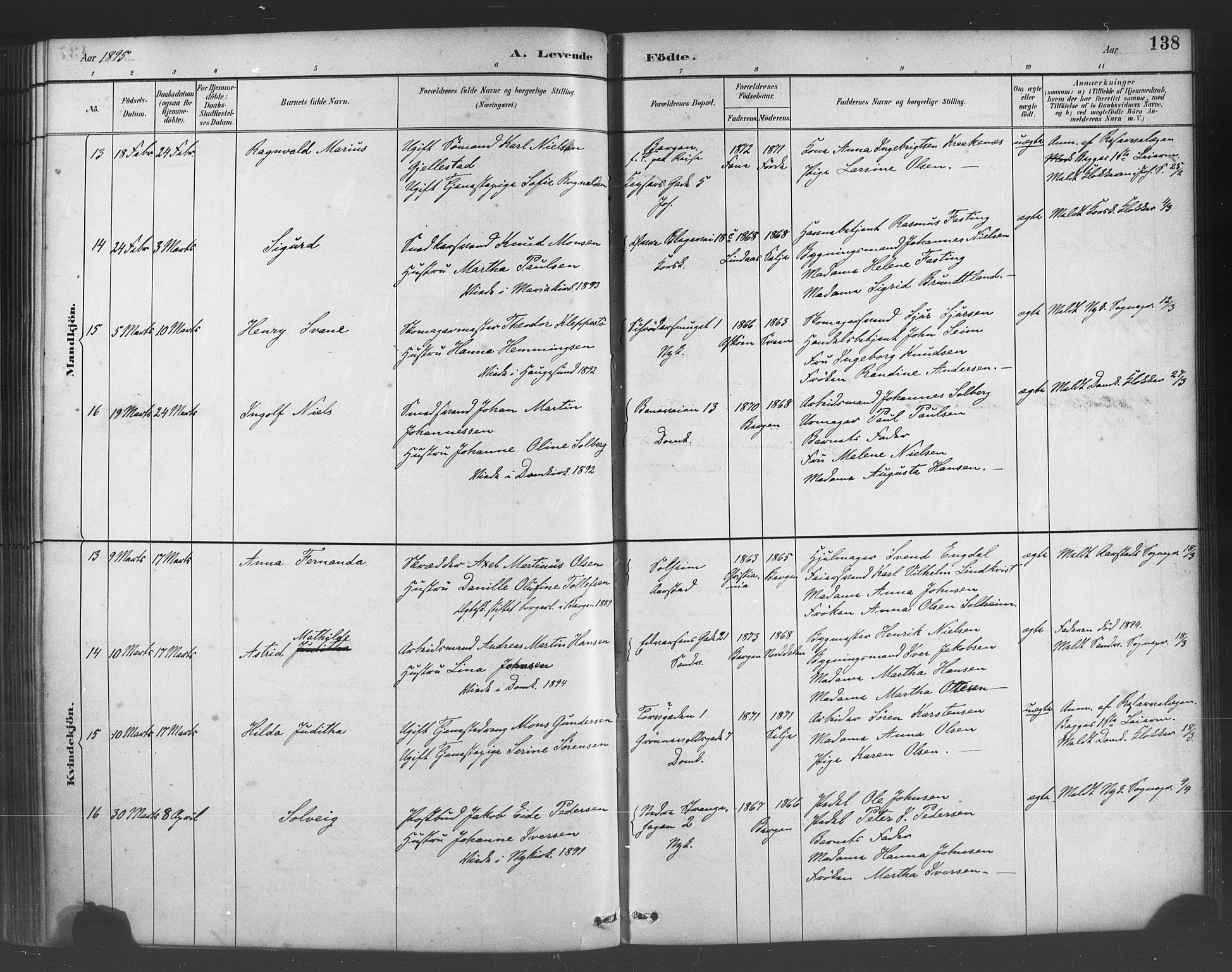 Fødselsstiftelsens sokneprestembete*, SAB/-: Parish register (official) no. A 2, 1884-1900, p. 138