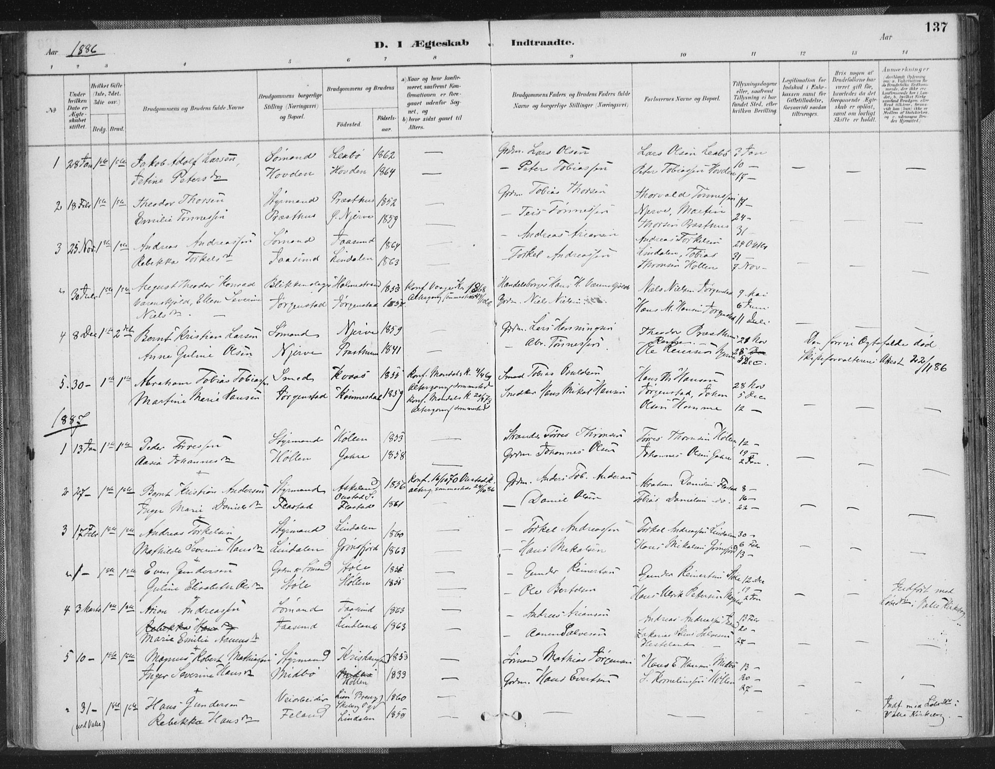 Sør-Audnedal sokneprestkontor, SAK/1111-0039/F/Fa/Faa/L0004: Parish register (official) no. A 4, 1884-1909, p. 137
