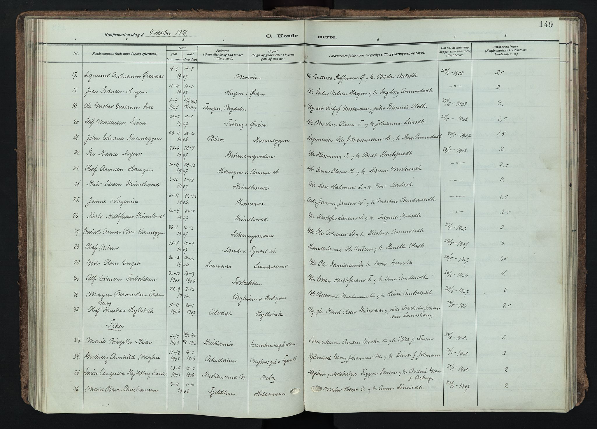 Tynset prestekontor, SAH/PREST-058/H/Ha/Haa/L0026: Parish register (official) no. 26, 1915-1929, p. 149