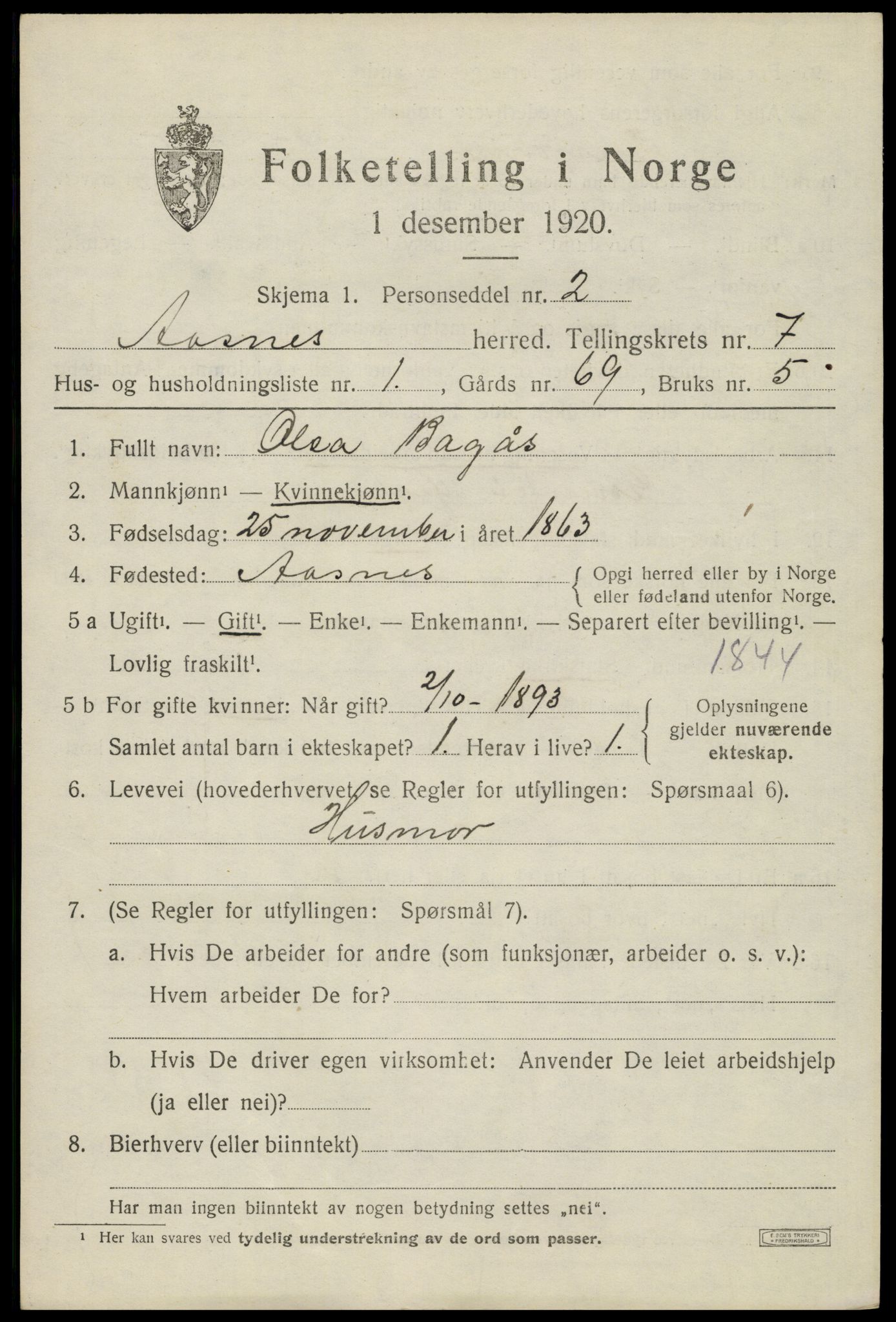 SAH, 1920 census for Åsnes, 1920, p. 8538