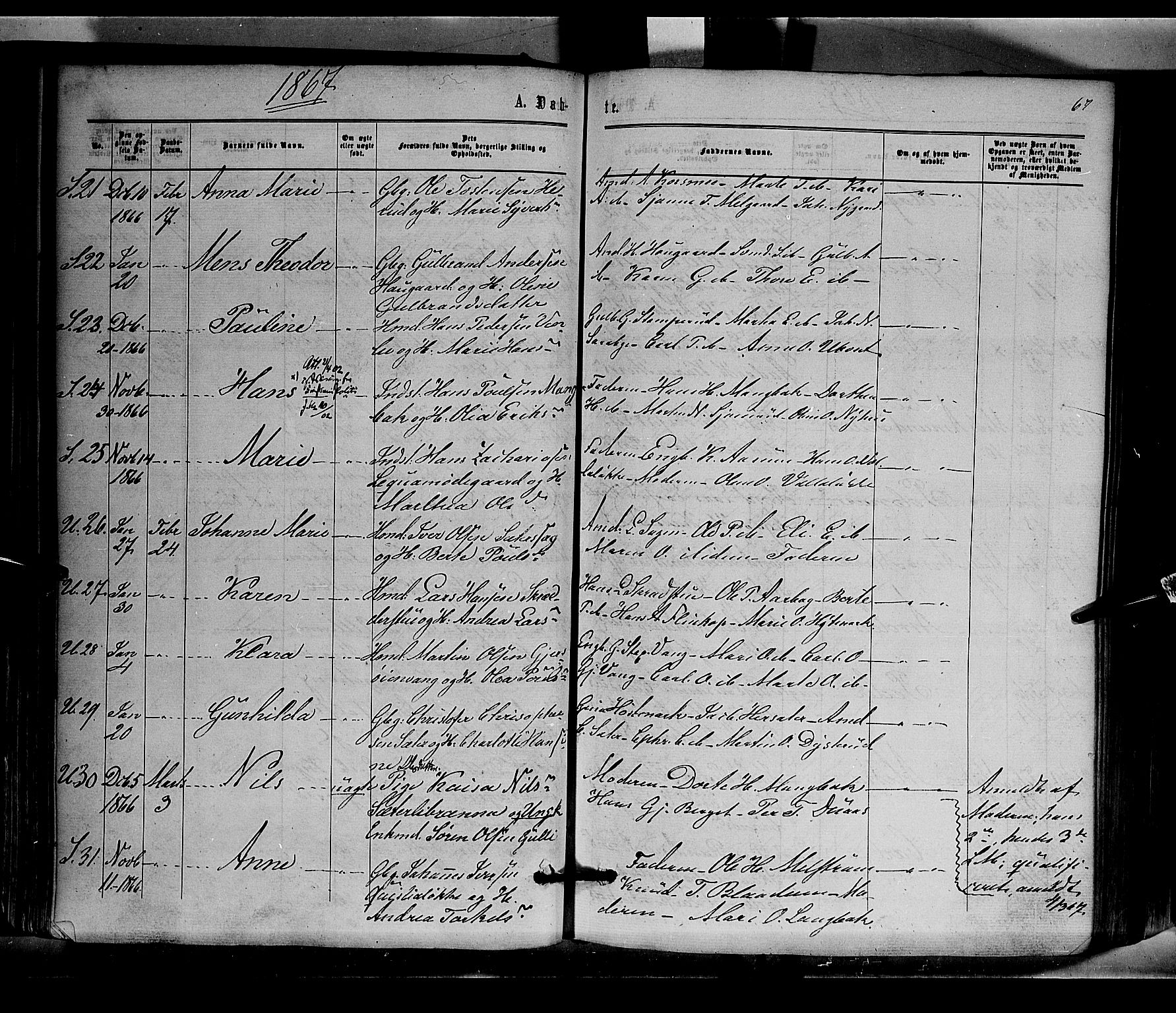 Sør-Odal prestekontor, AV/SAH-PREST-030/H/Ha/Haa/L0003: Parish register (official) no. 3, 1864-1870, p. 67