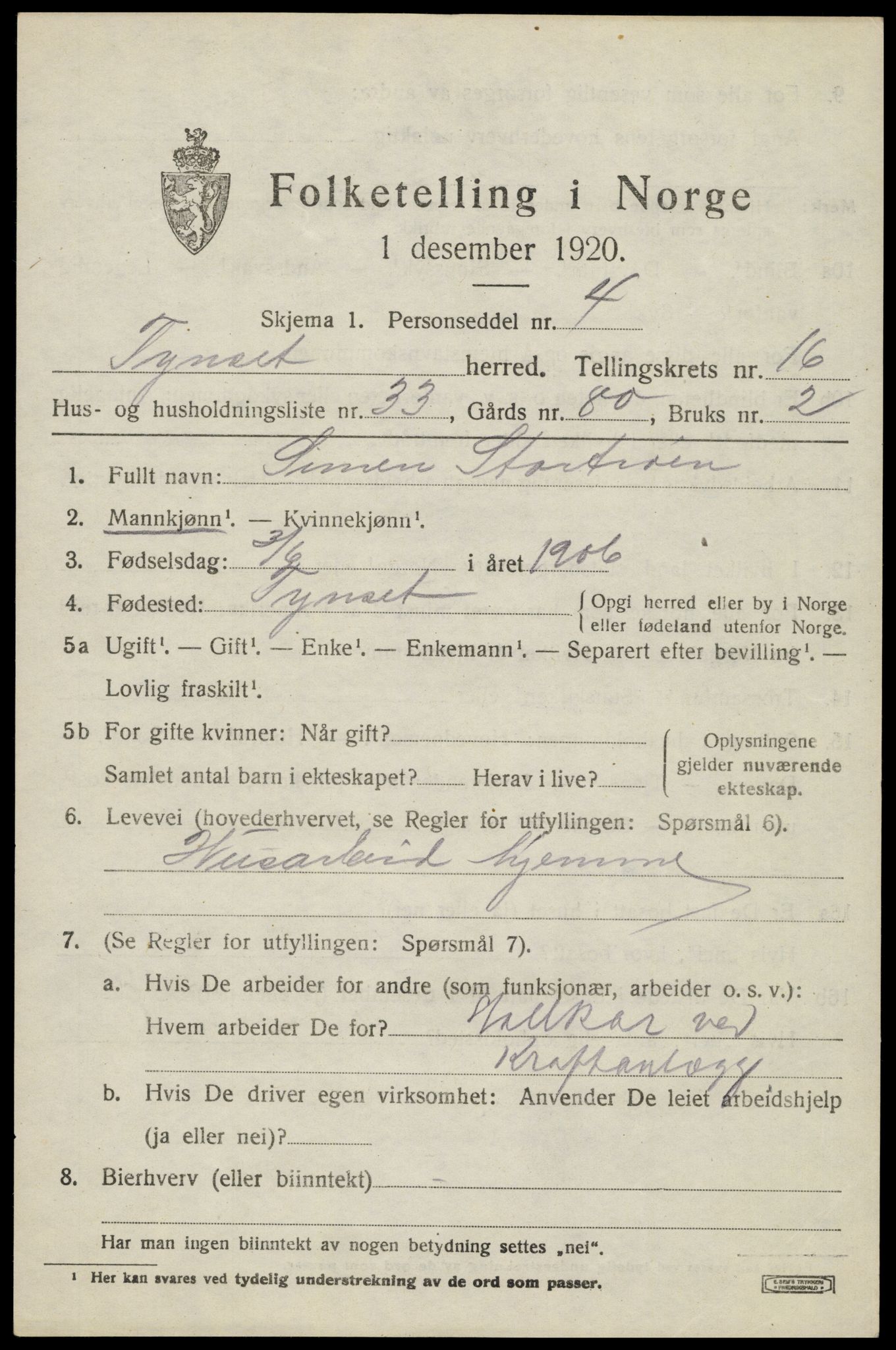 SAH, 1920 census for Tynset, 1920, p. 10050