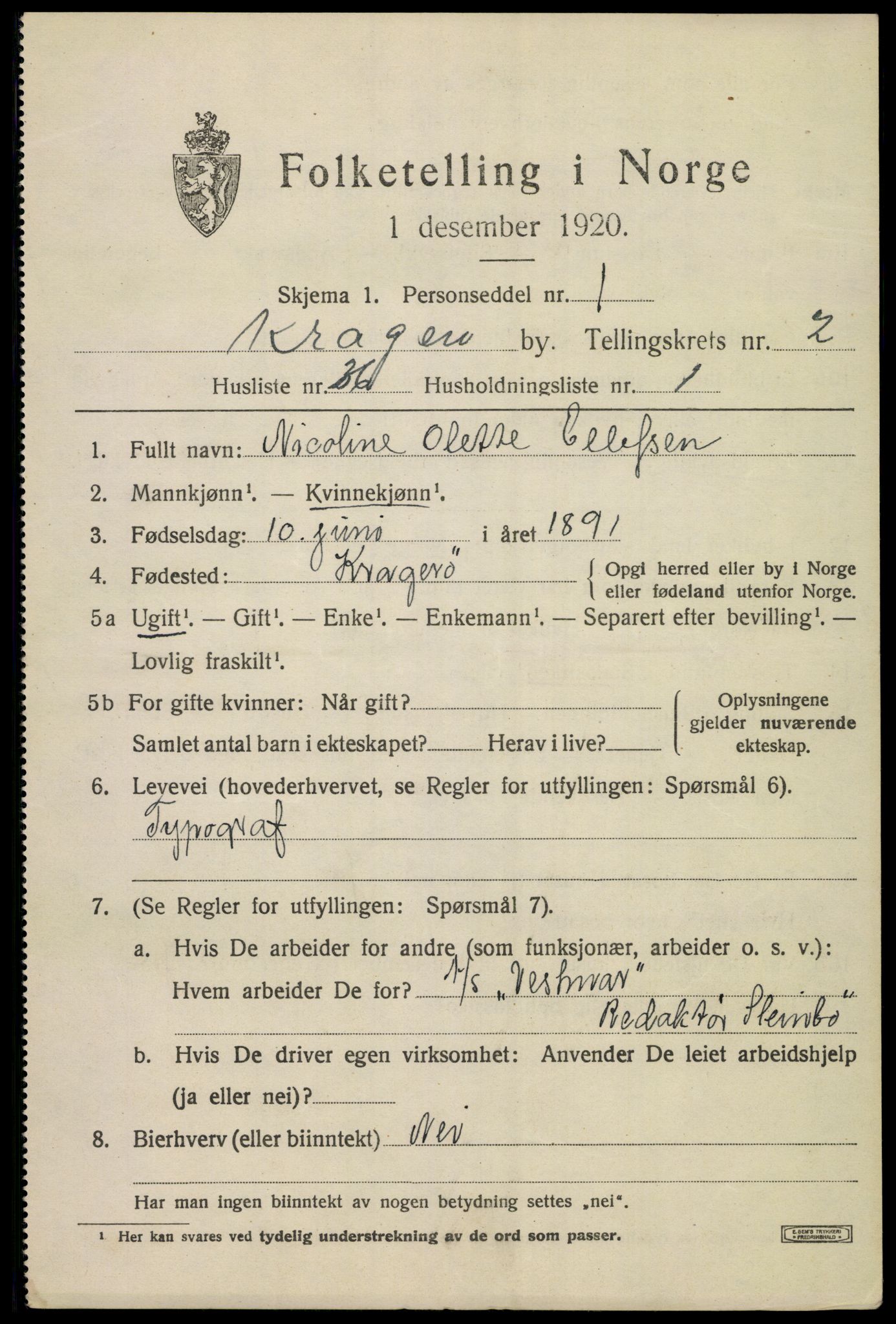 SAKO, 1920 census for Kragerø, 1920, p. 5777