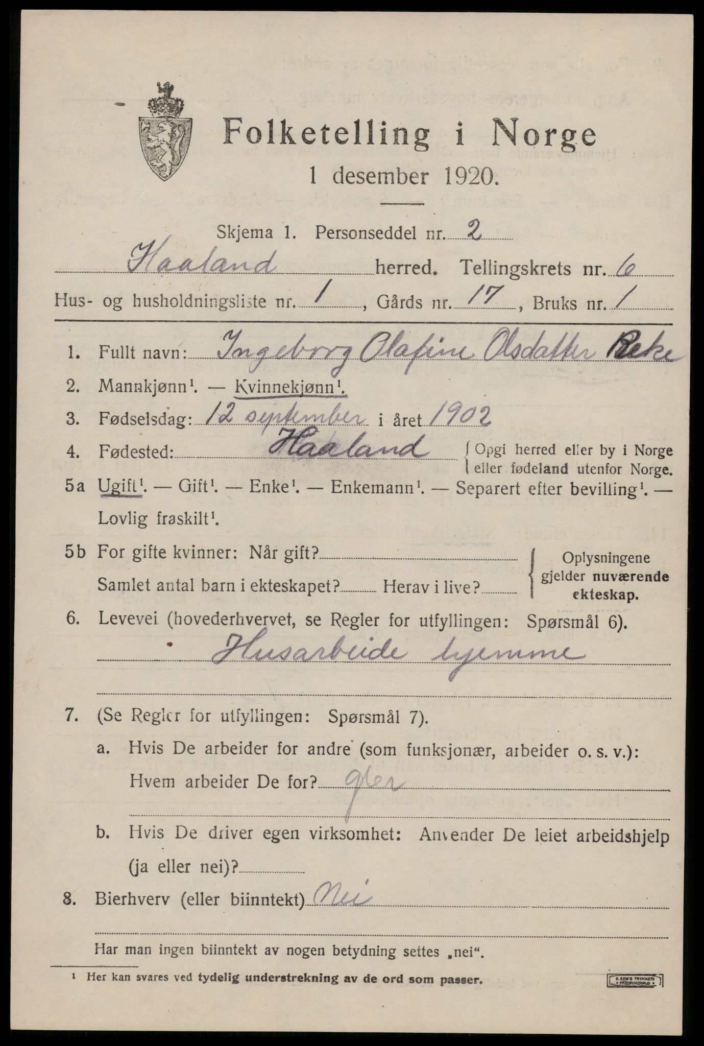 SAST, 1920 census for Håland, 1920, p. 5039