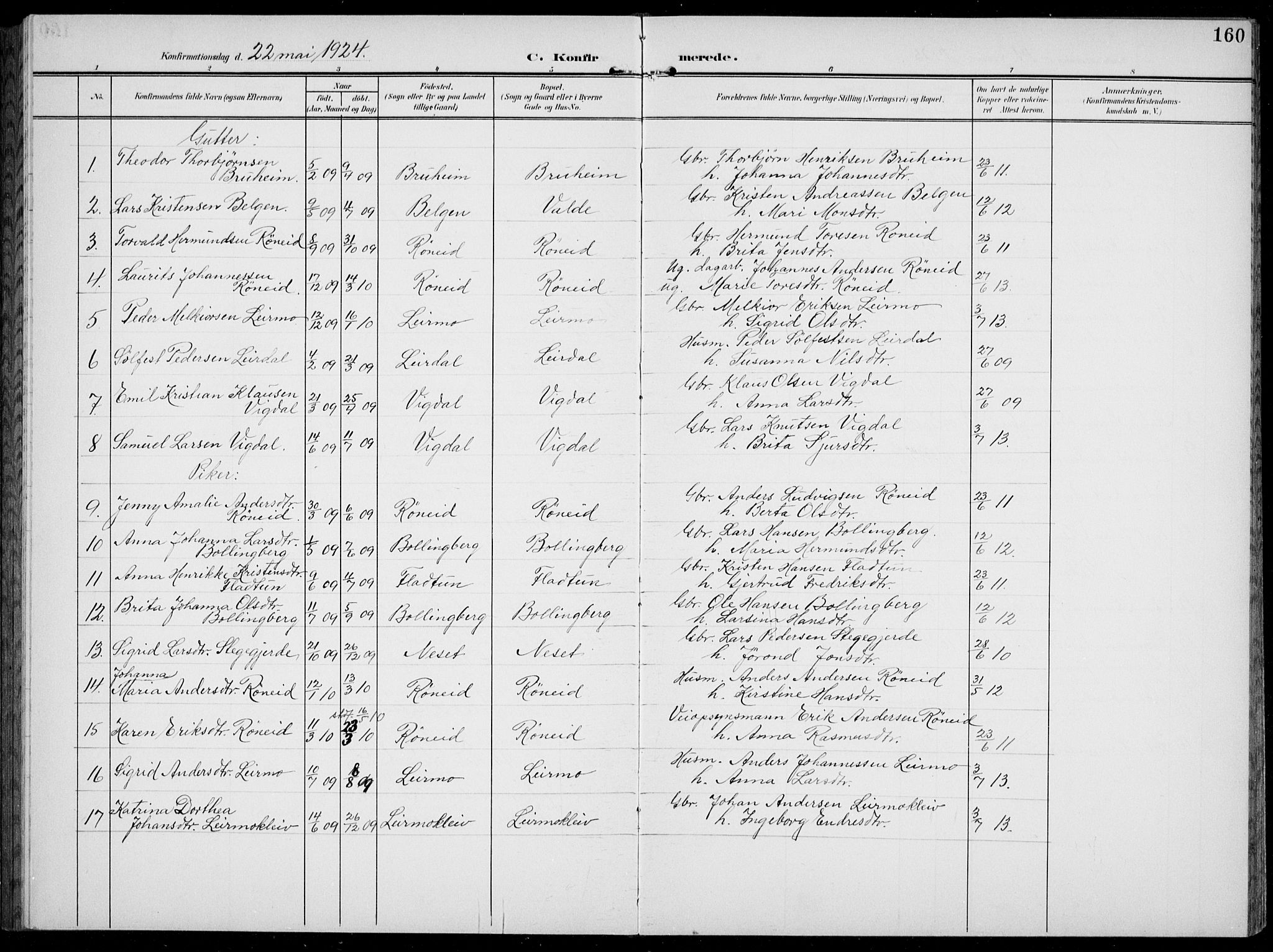 Jostedal sokneprestembete, AV/SAB-A-80601/H/Hab/Habc/L0001: Parish register (copy) no. C 1, 1903-1939, p. 160