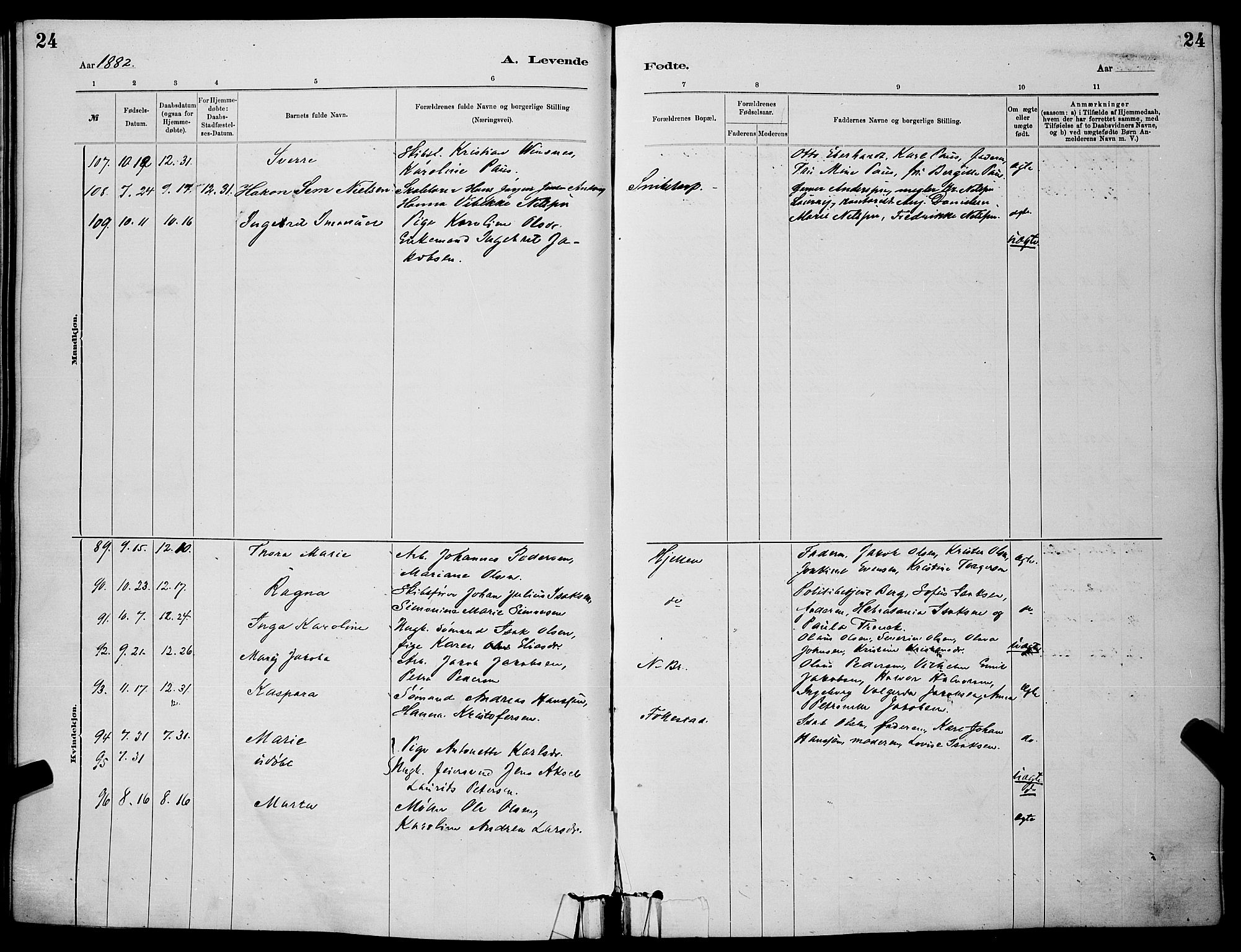 Skien kirkebøker, SAKO/A-302/G/Ga/L0006: Parish register (copy) no. 6, 1881-1890, p. 24