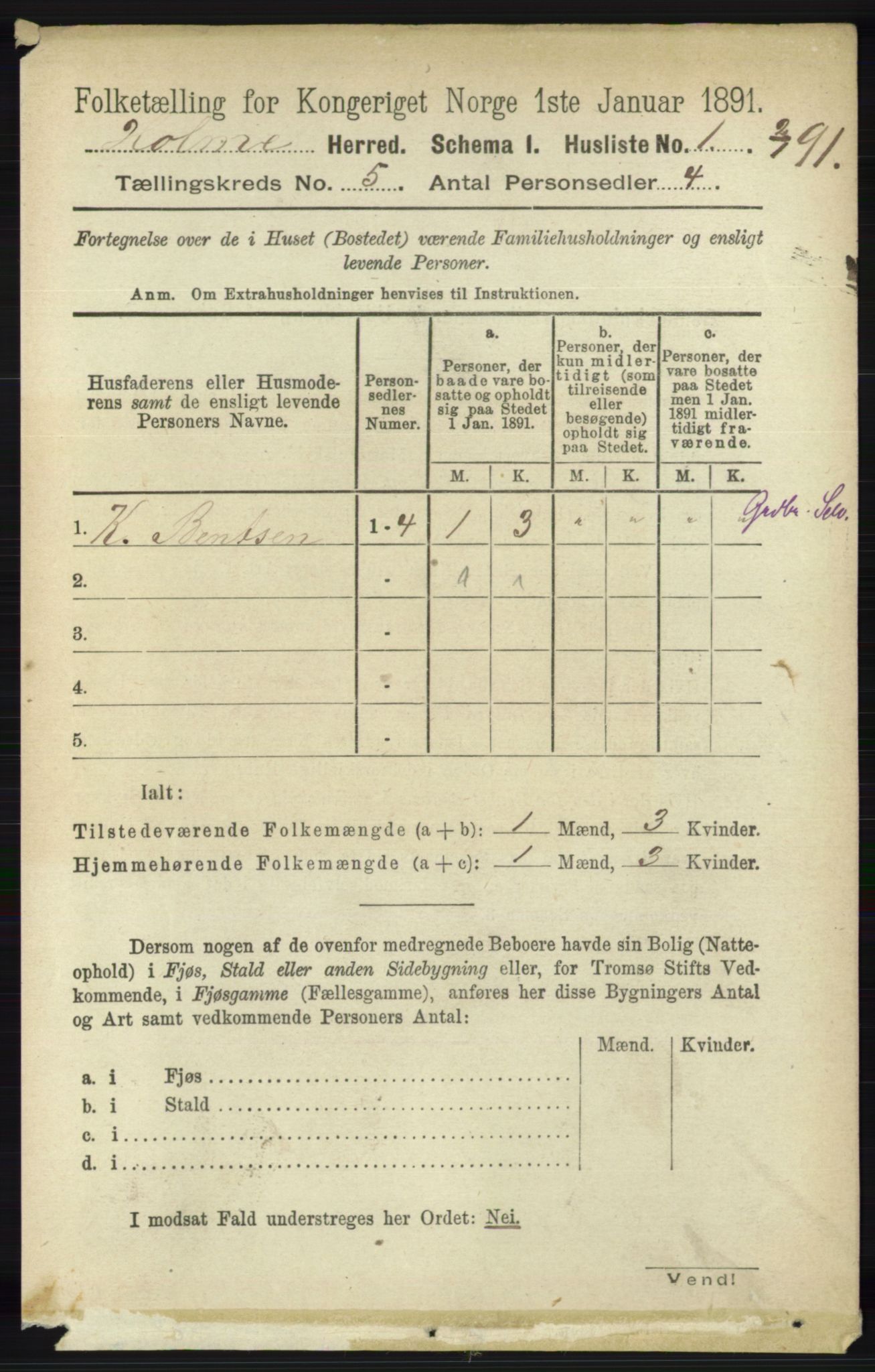 RA, 1891 census for 1020 Holum, 1891, p. 1178