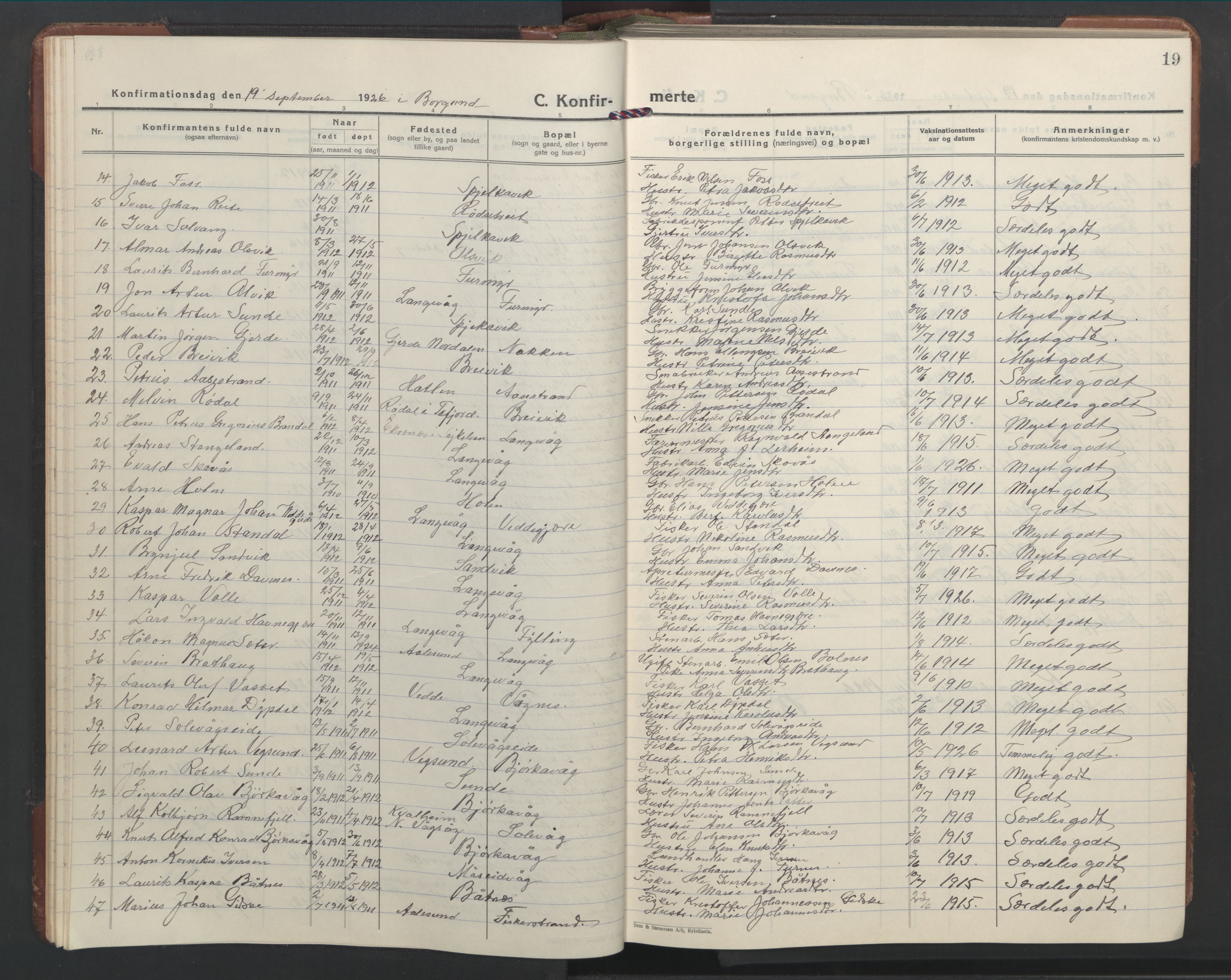 Ministerialprotokoller, klokkerbøker og fødselsregistre - Møre og Romsdal, AV/SAT-A-1454/528/L0435: Parish register (copy) no. 528C16, 1923-1957, p. 19