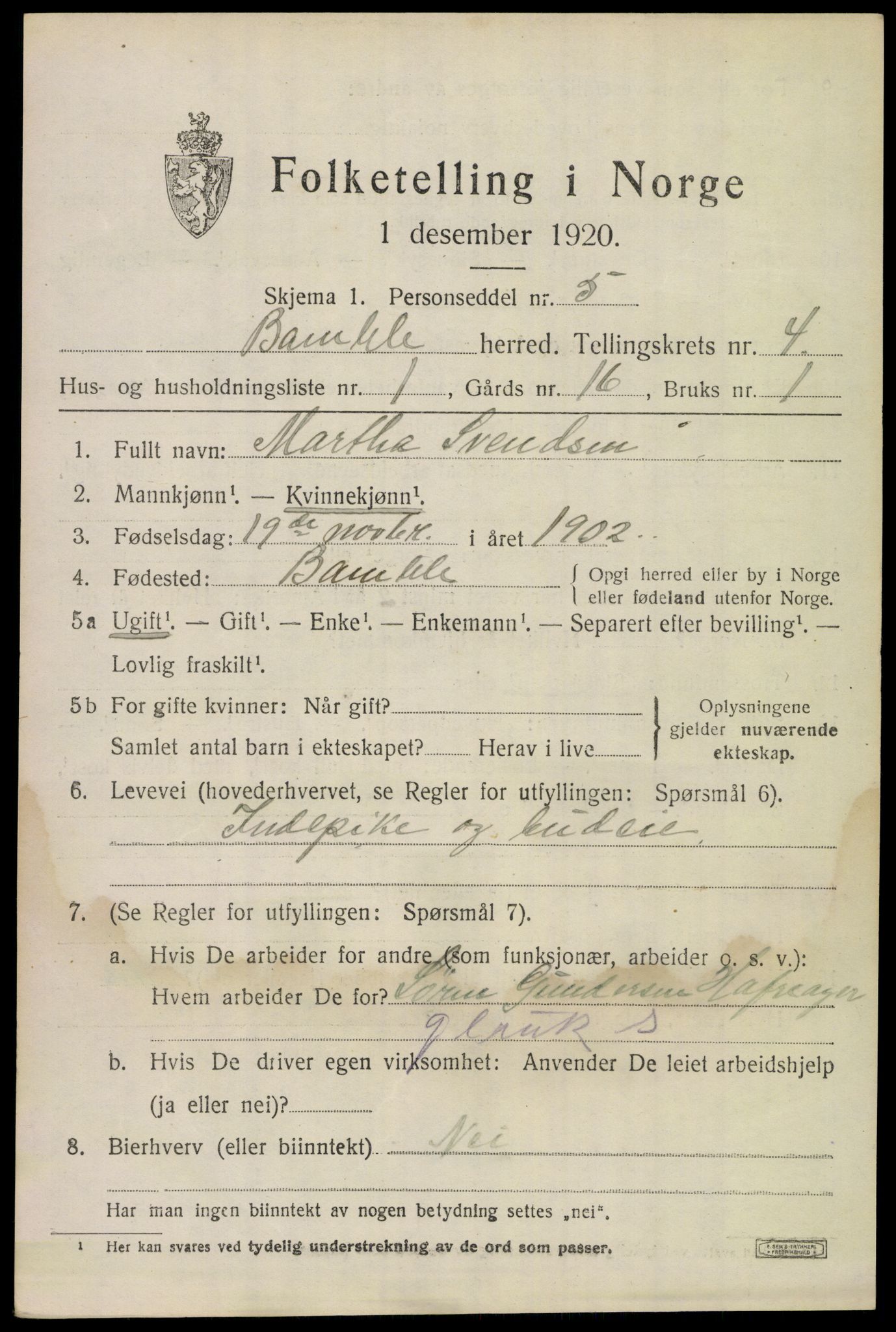 SAKO, 1920 census for Bamble, 1920, p. 4459