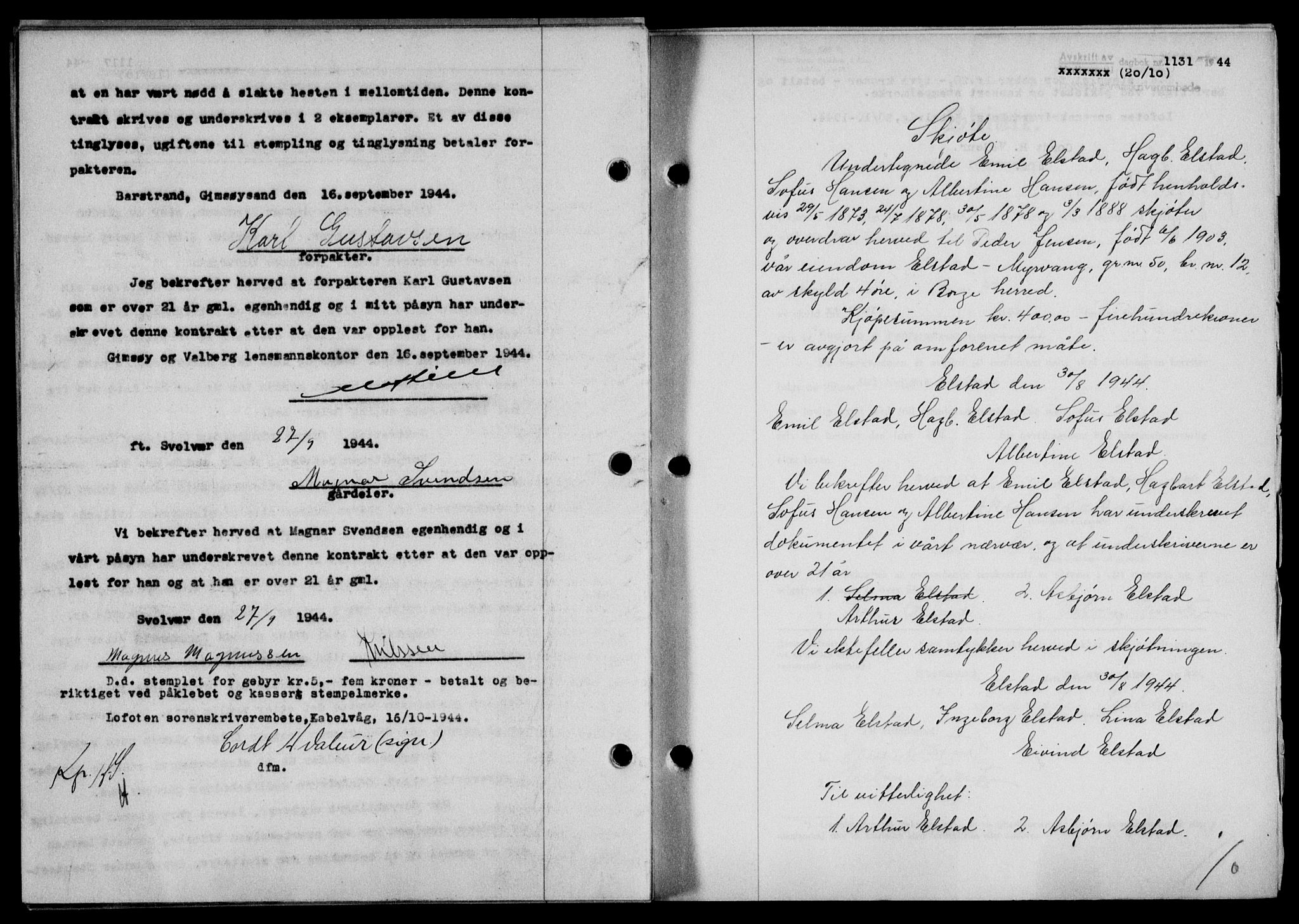 Lofoten sorenskriveri, SAT/A-0017/1/2/2C/L0012a: Mortgage book no. 12a, 1943-1944, Diary no: : 1131/1944