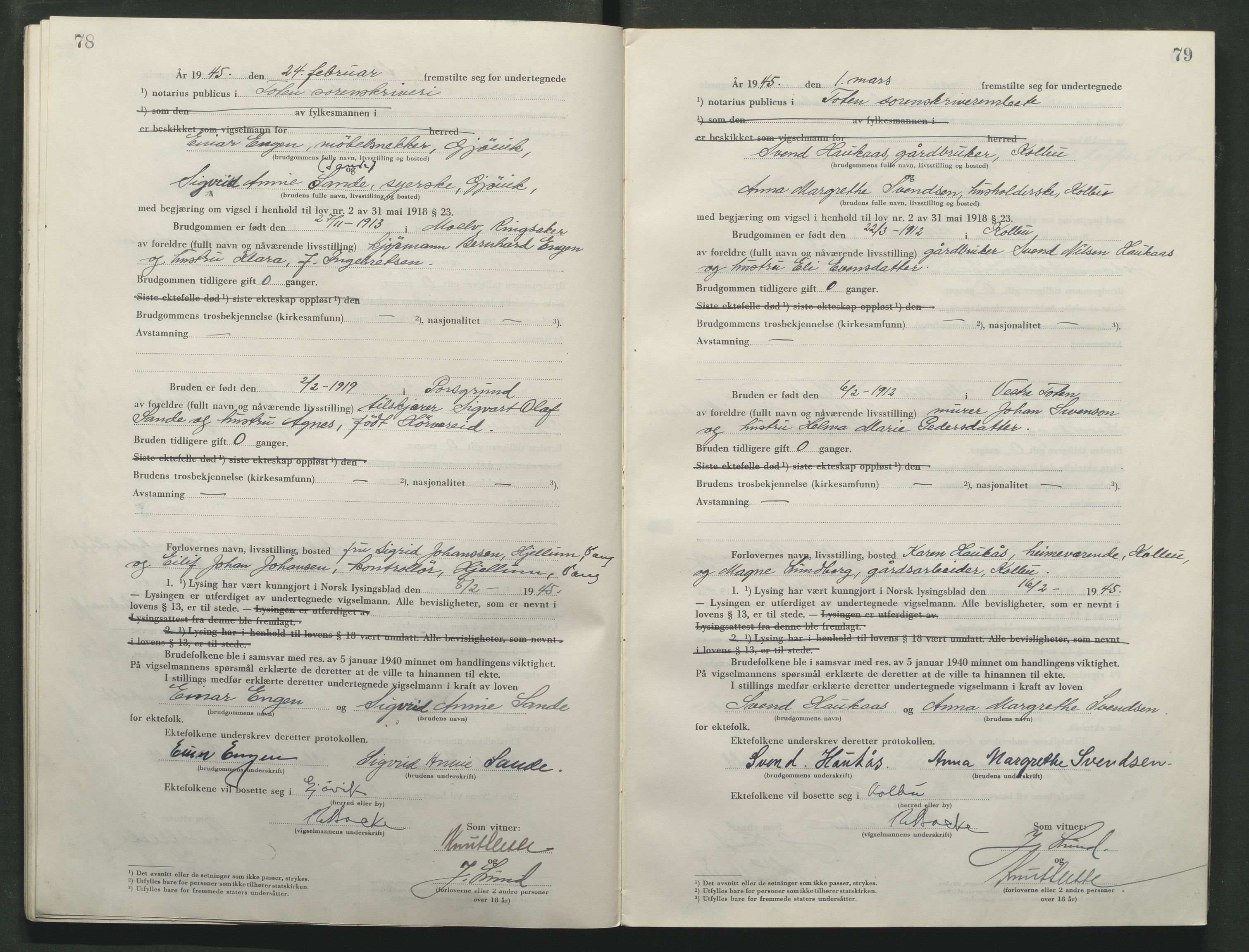 Toten tingrett, AV/SAH-TING-006/L/Lc/L0005: Vigselbok, 1944-1948, p. 78-79