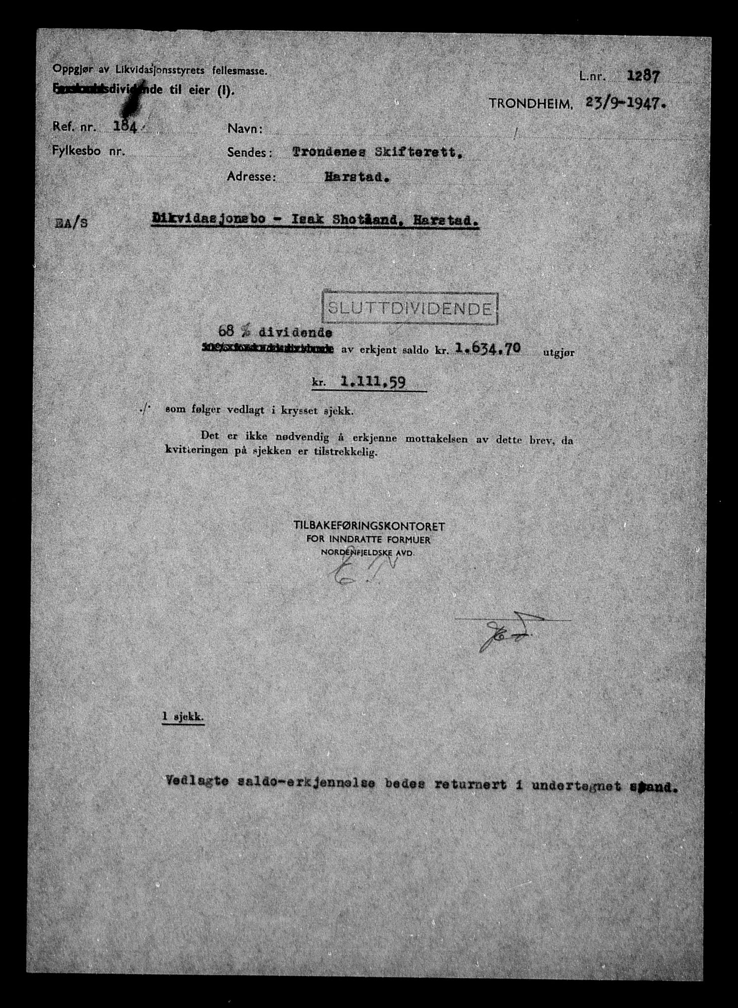 Justisdepartementet, Tilbakeføringskontoret for inndratte formuer, AV/RA-S-1564/H/Hc/Hcb/L0916: --, 1945-1947, p. 6