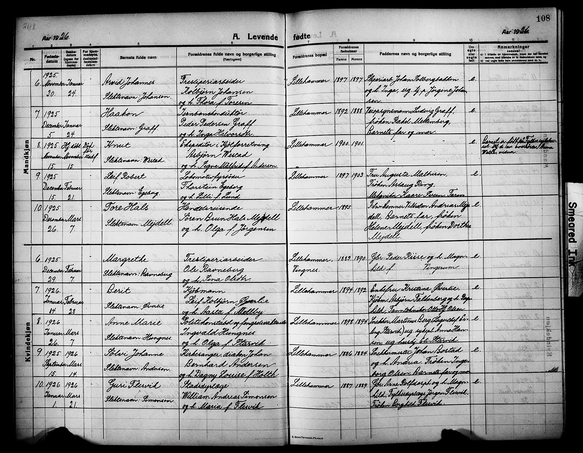Lillehammer prestekontor, SAH/PREST-088/H/Ha/Hab/L0002: Parish register (copy) no. 2, 1913-1929, p. 108