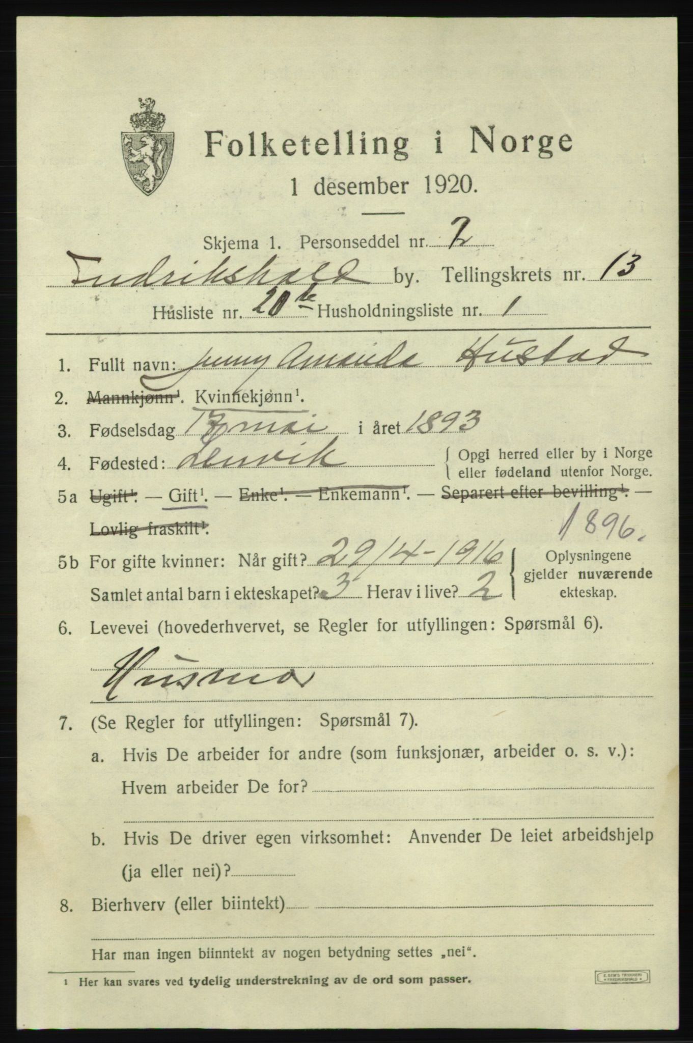 SAO, 1920 census for Fredrikshald, 1920, p. 21032