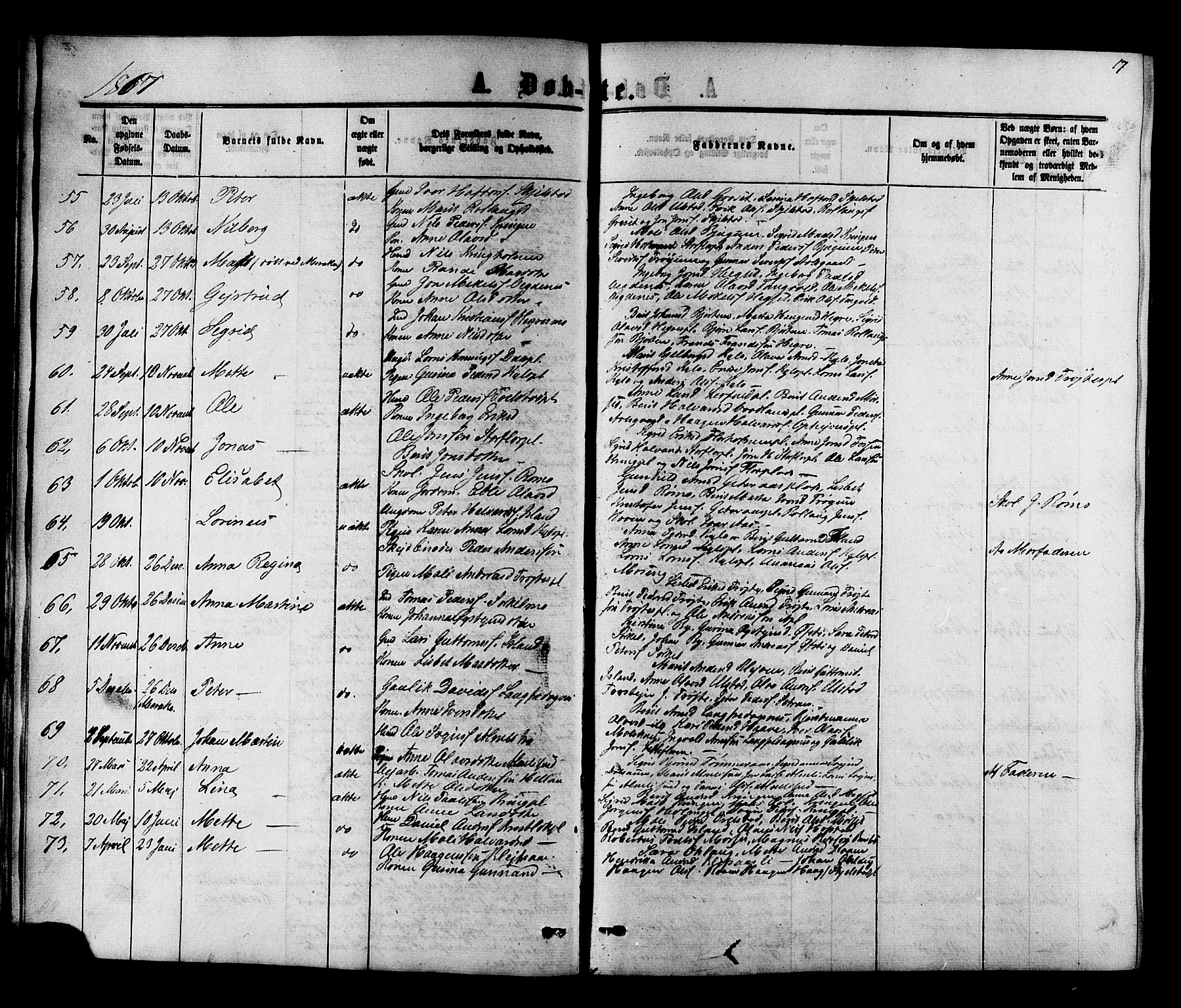 Ministerialprotokoller, klokkerbøker og fødselsregistre - Nord-Trøndelag, SAT/A-1458/703/L0038: Parish register (copy) no. 703C01, 1864-1870, p. 17