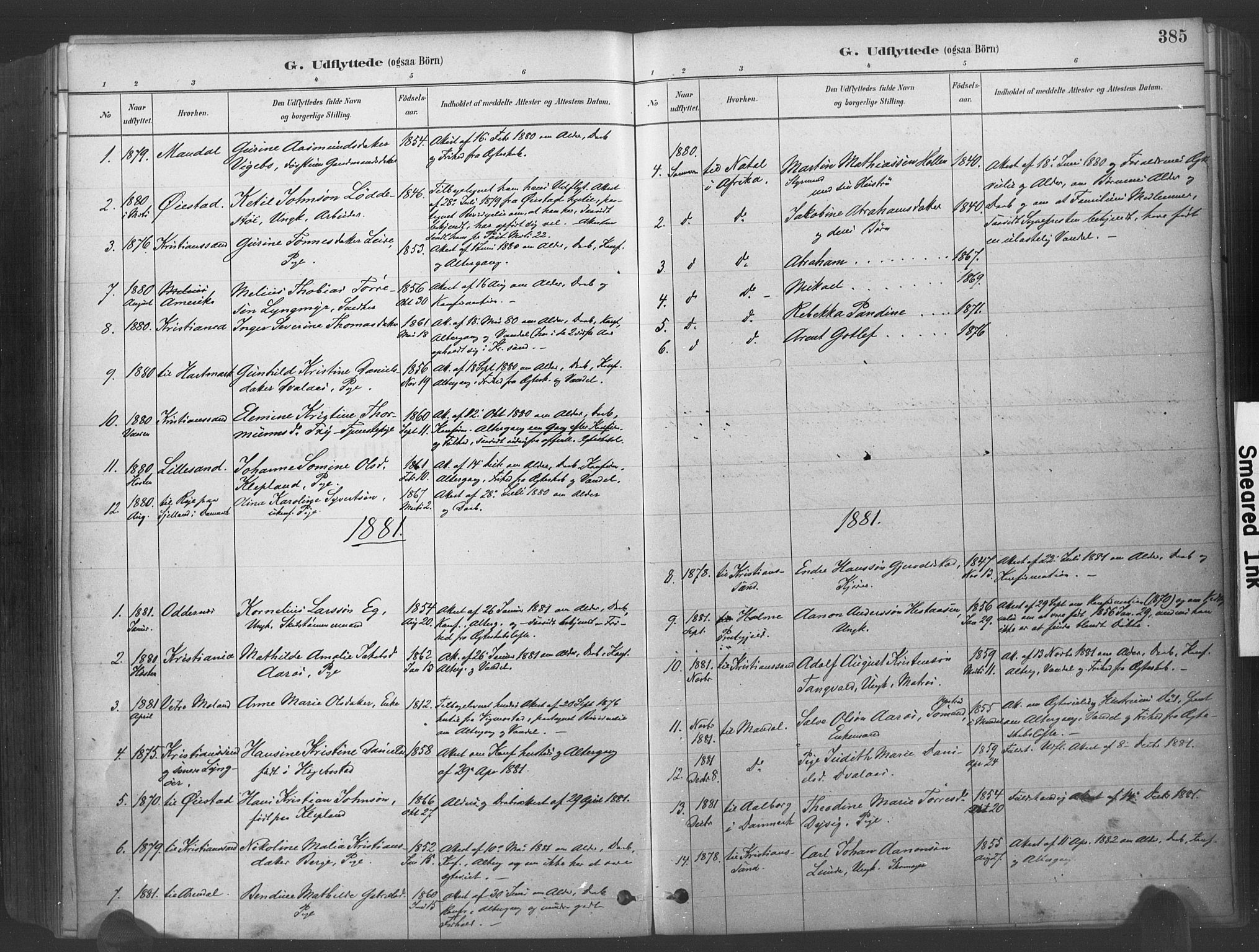 Søgne sokneprestkontor, SAK/1111-0037/F/Fa/Fab/L0012: Parish register (official) no. A 12, 1880-1891, p. 385