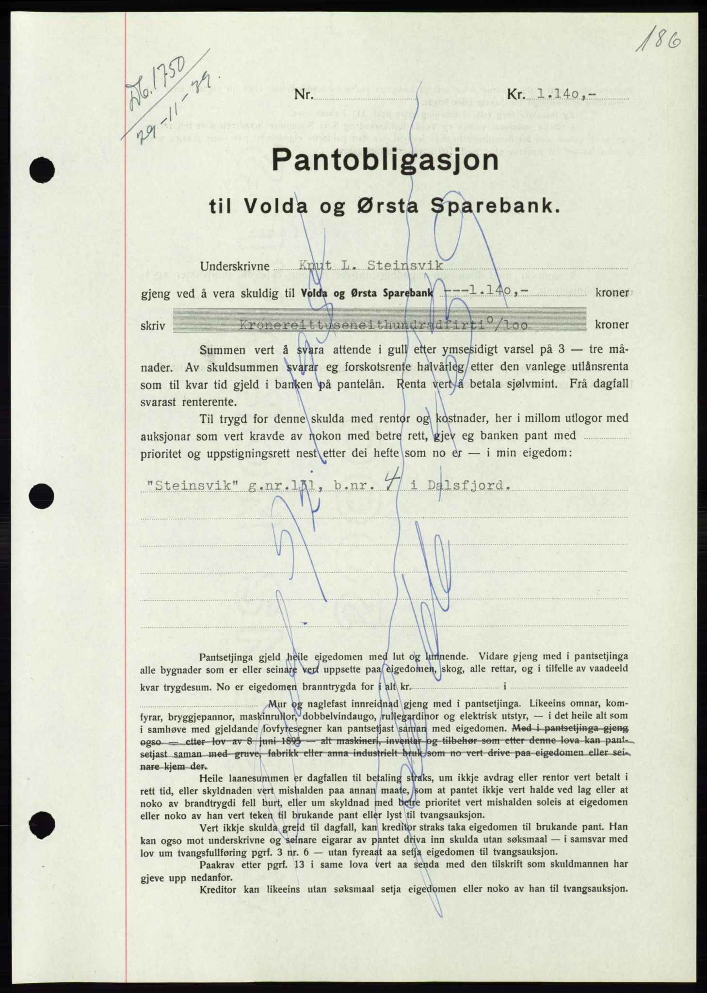 Søre Sunnmøre sorenskriveri, AV/SAT-A-4122/1/2/2C/L0069: Mortgage book no. 63, 1939-1940, Diary no: : 1750/1939