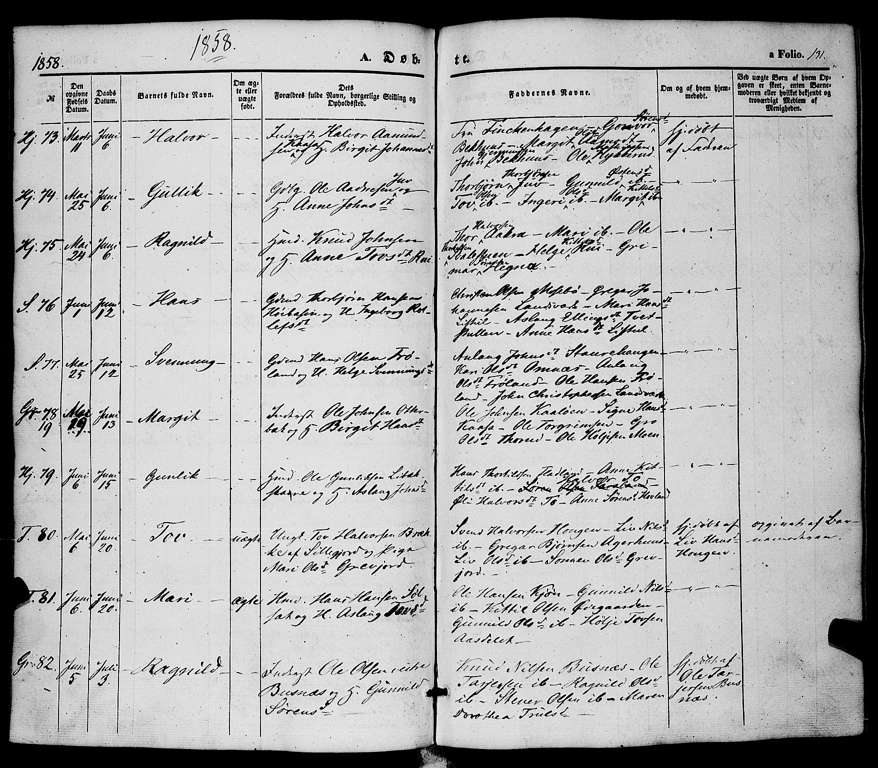 Hjartdal kirkebøker, SAKO/A-270/F/Fa/L0008: Parish register (official) no. I 8, 1844-1859, p. 131