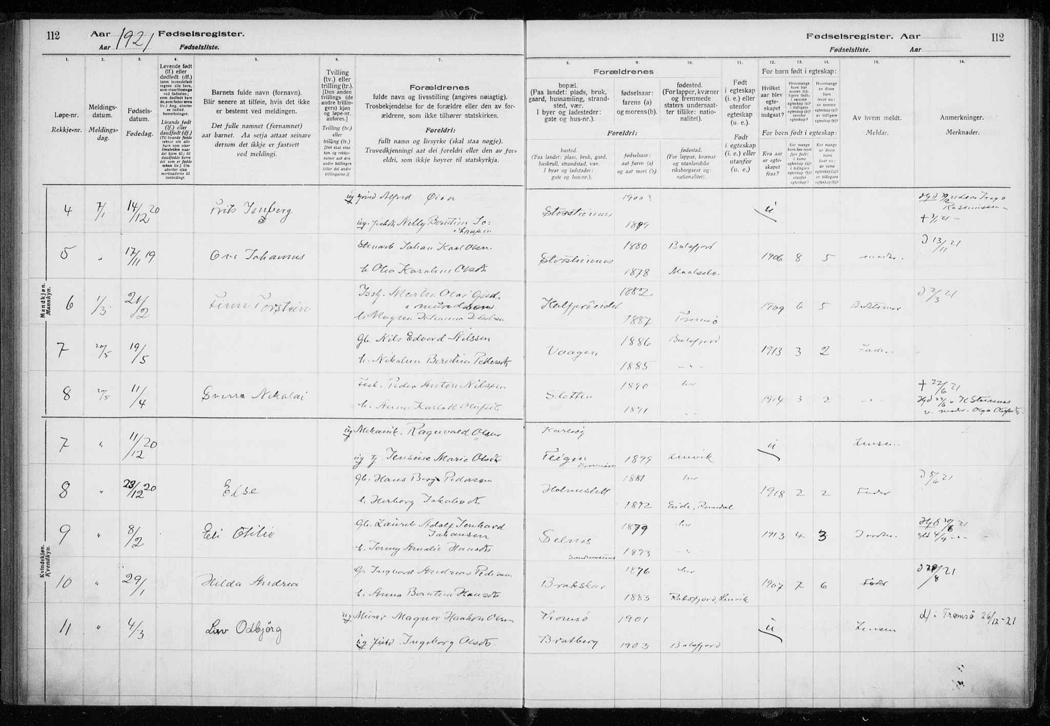 Tromsøysund sokneprestkontor, AV/SATØ-S-1304/H/Ha/L0079: Birth register no. 79, 1916-1924, p. 112