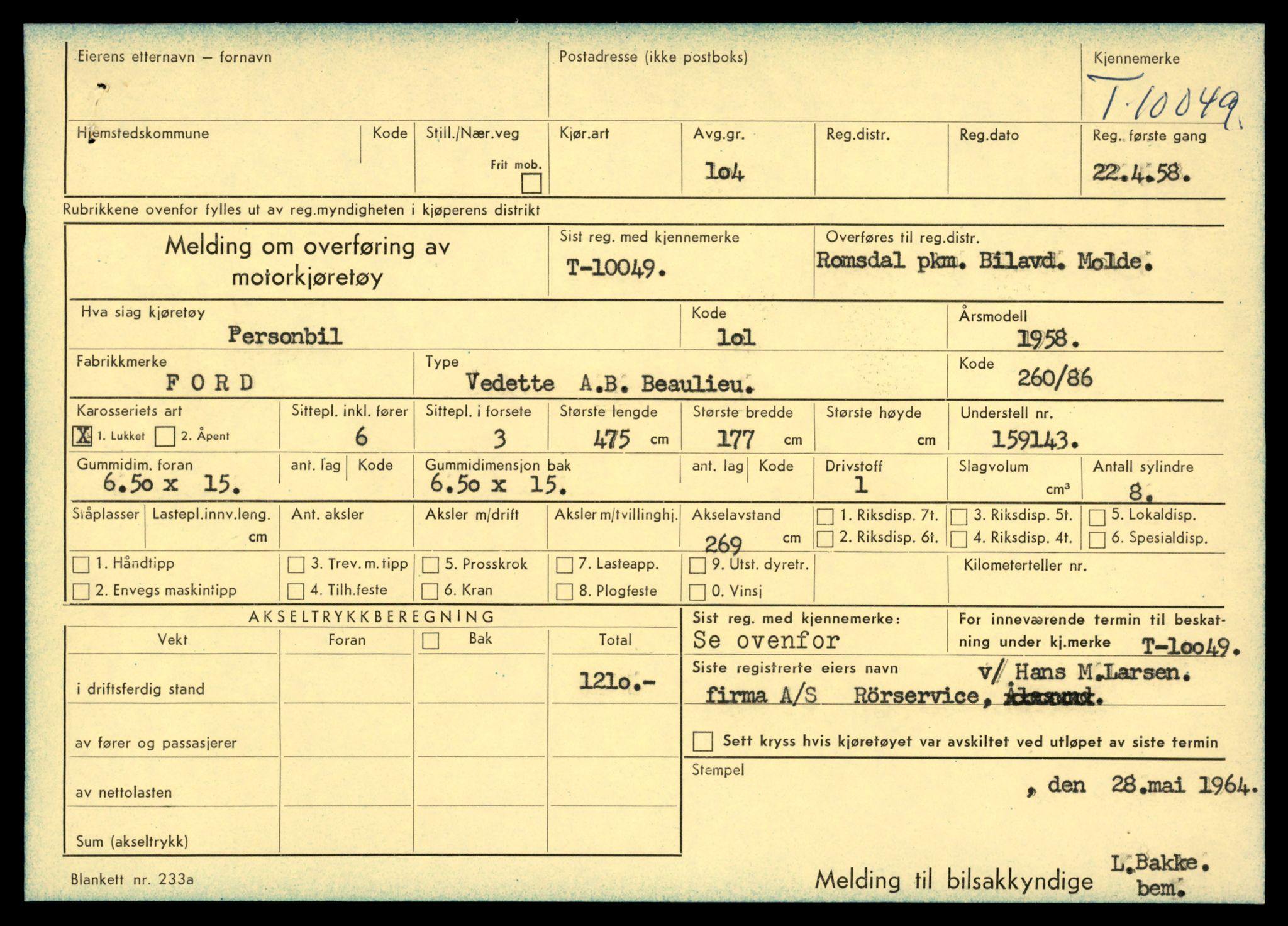 Møre og Romsdal vegkontor - Ålesund trafikkstasjon, AV/SAT-A-4099/F/Fe/L0017: Registreringskort for kjøretøy T 1985 - T 10090, 1927-1998, p. 2205