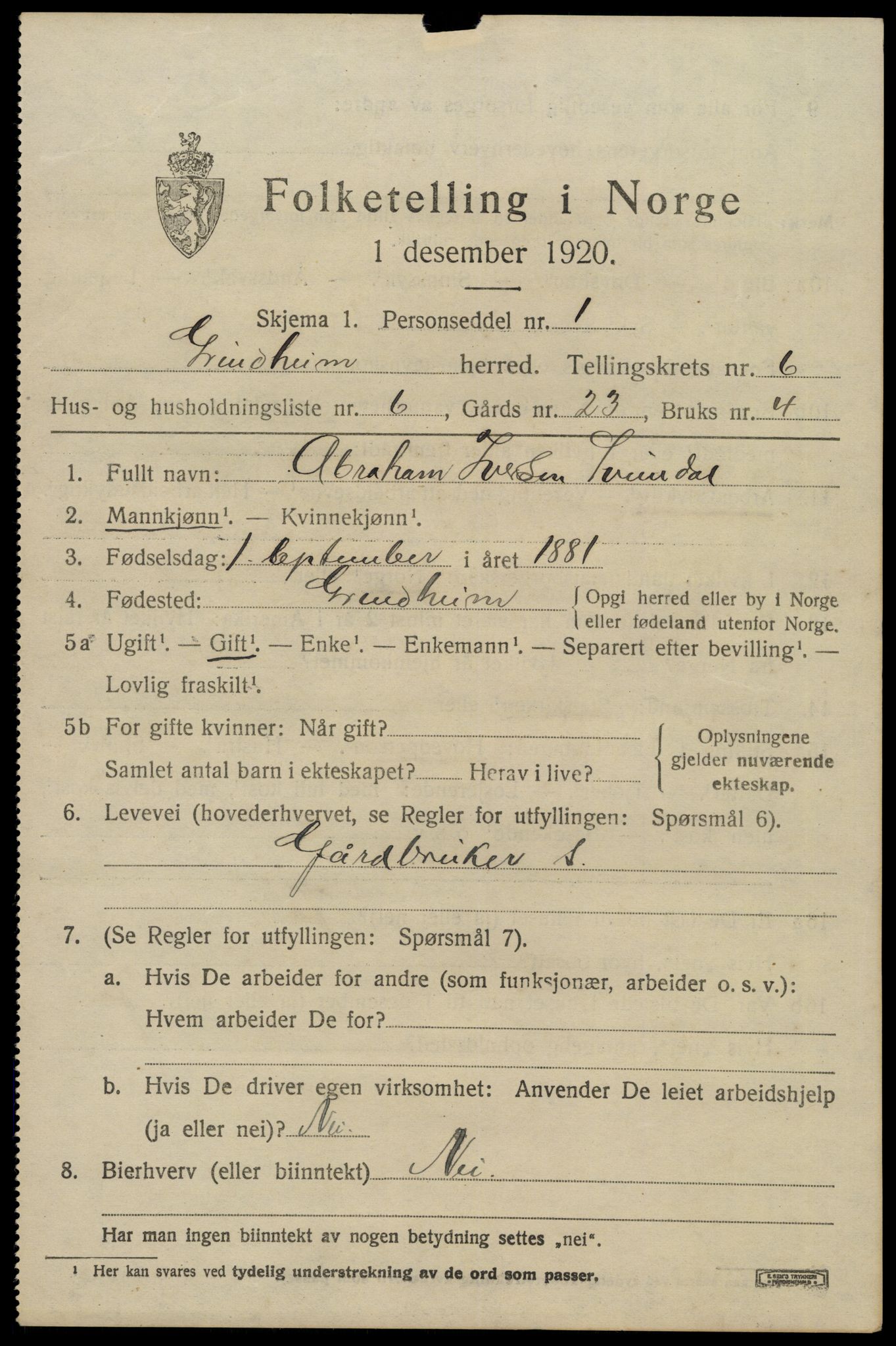 SAK, 1920 census for Grindheim, 1920, p. 1901