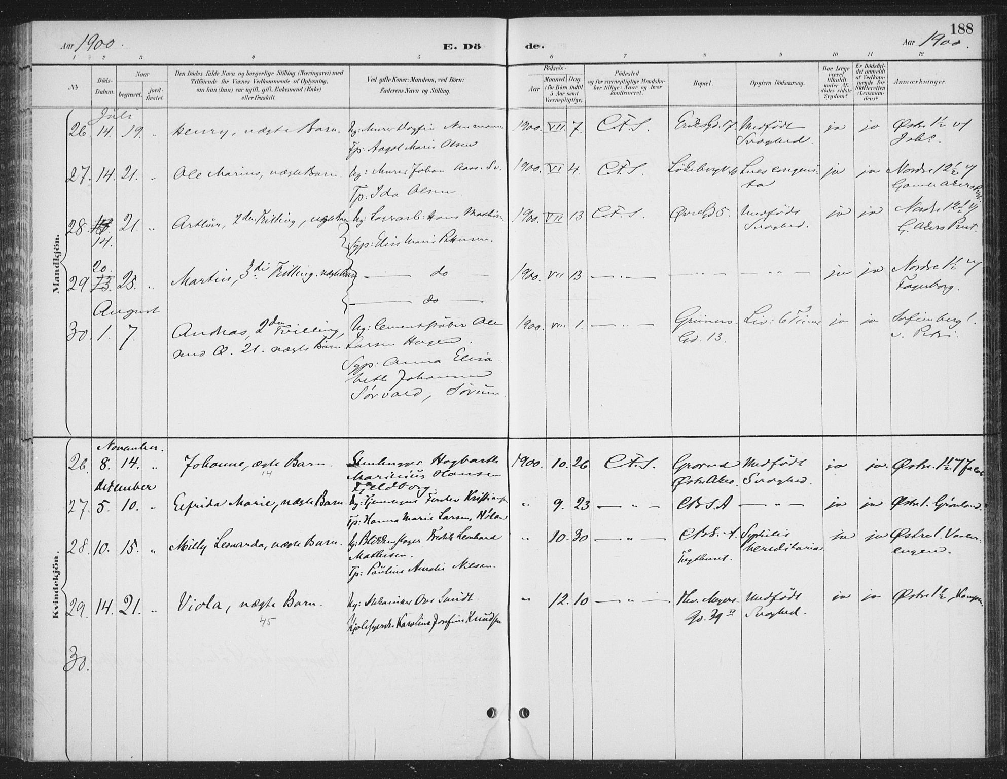 Rikshospitalet prestekontor Kirkebøker, SAO/A-10309b/F/L0010: Parish register (official) no. 10, 1888-1912, p. 188