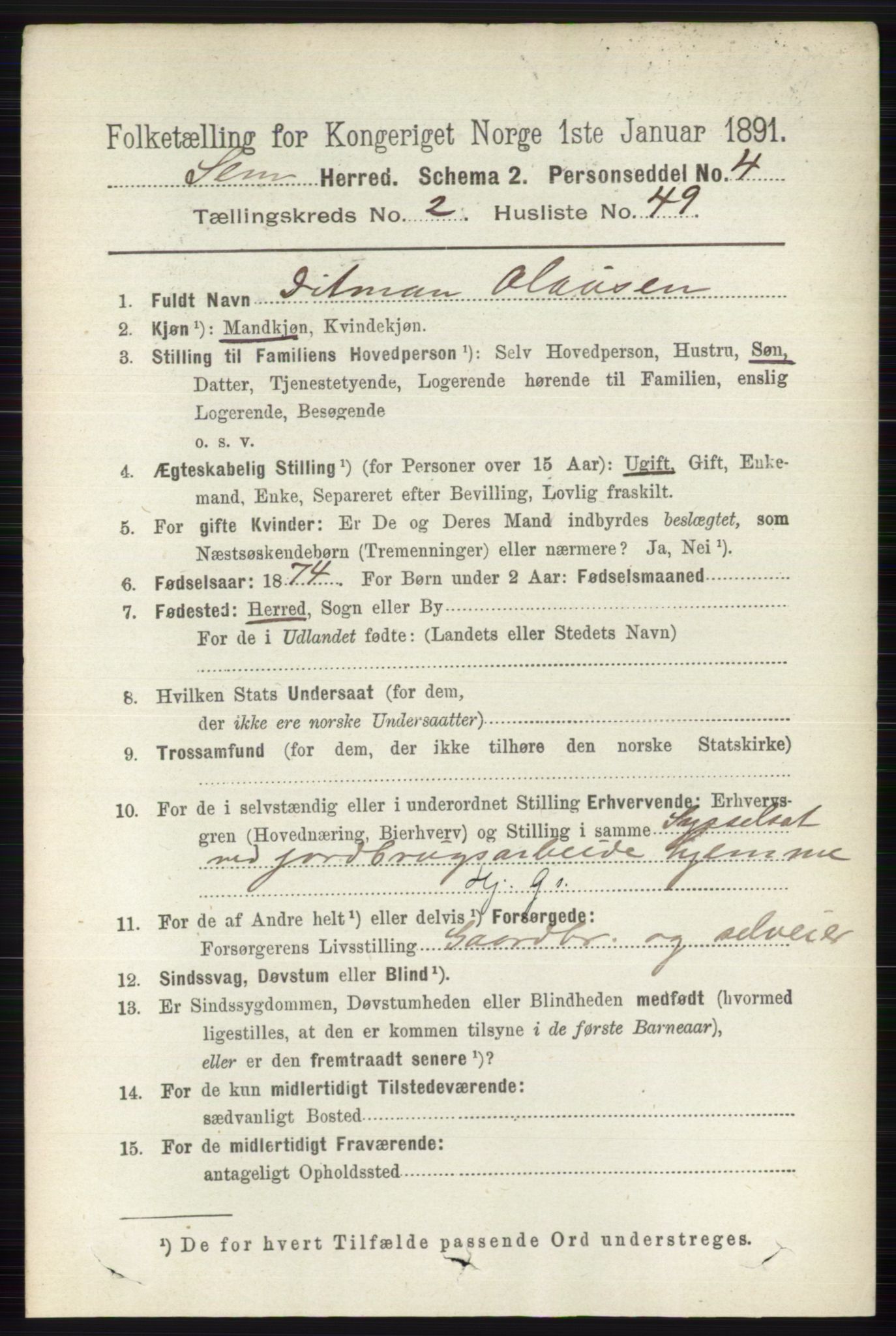 RA, 1891 census for 0721 Sem, 1891, p. 930