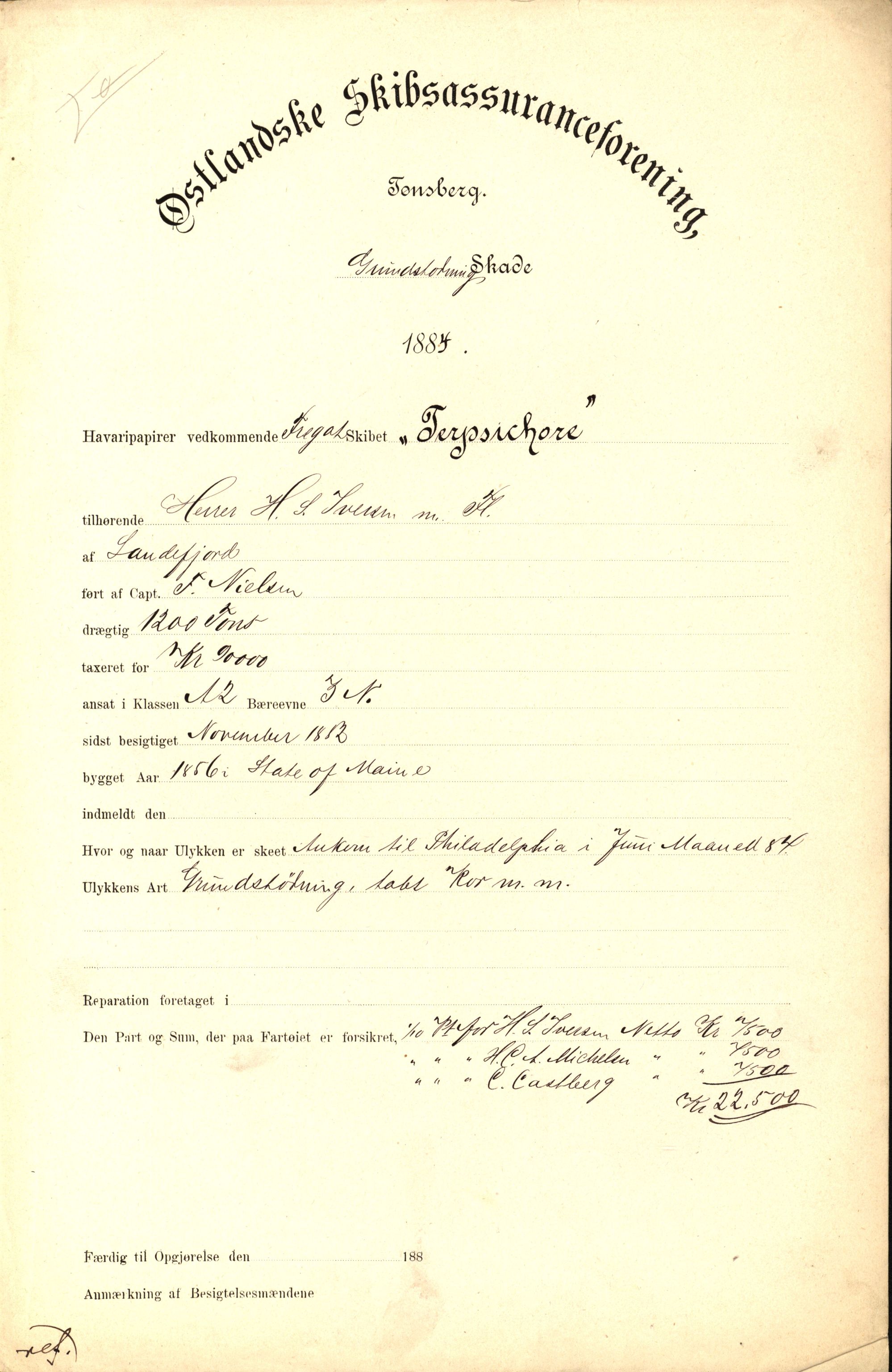 Pa 63 - Østlandske skibsassuranceforening, VEMU/A-1079/G/Ga/L0017/0008: Havaridokumenter / Terpsichore, Industri, Baticola, Bertrand, 1884, p. 1