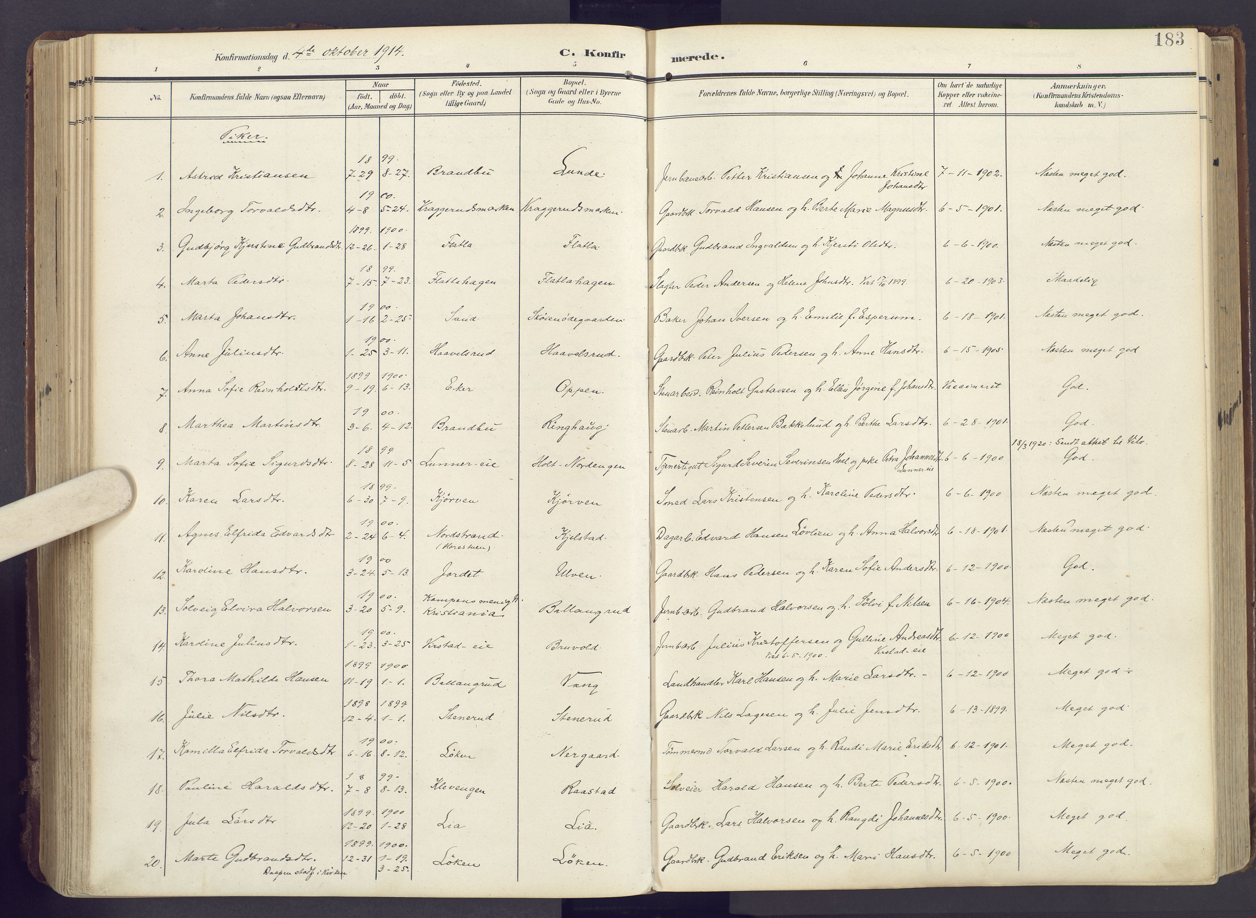 Lunner prestekontor, AV/SAH-PREST-118/H/Ha/Haa/L0001: Parish register (official) no. 1, 1907-1922, p. 183