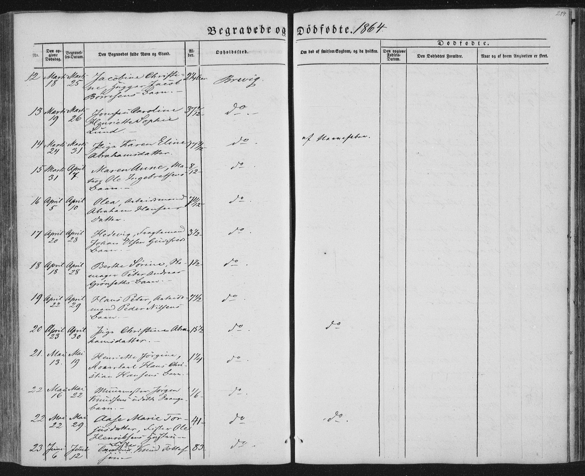 Brevik kirkebøker, AV/SAKO-A-255/F/Fa/L0005: Parish register (official) no. 5, 1847-1865, p. 284