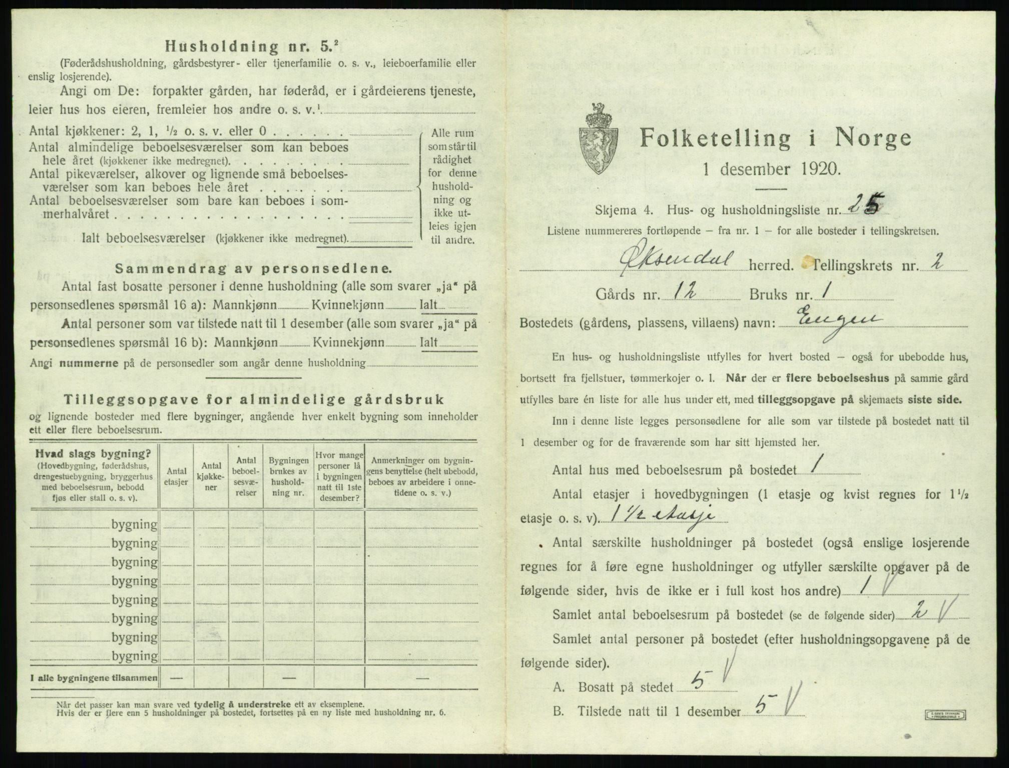 SAT, 1920 census for Øksendal, 1920, p. 171