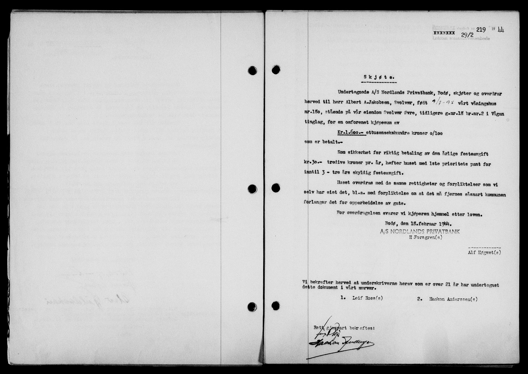 Lofoten sorenskriveri, SAT/A-0017/1/2/2C/L0012a: Mortgage book no. 12a, 1943-1944, Diary no: : 219/1944