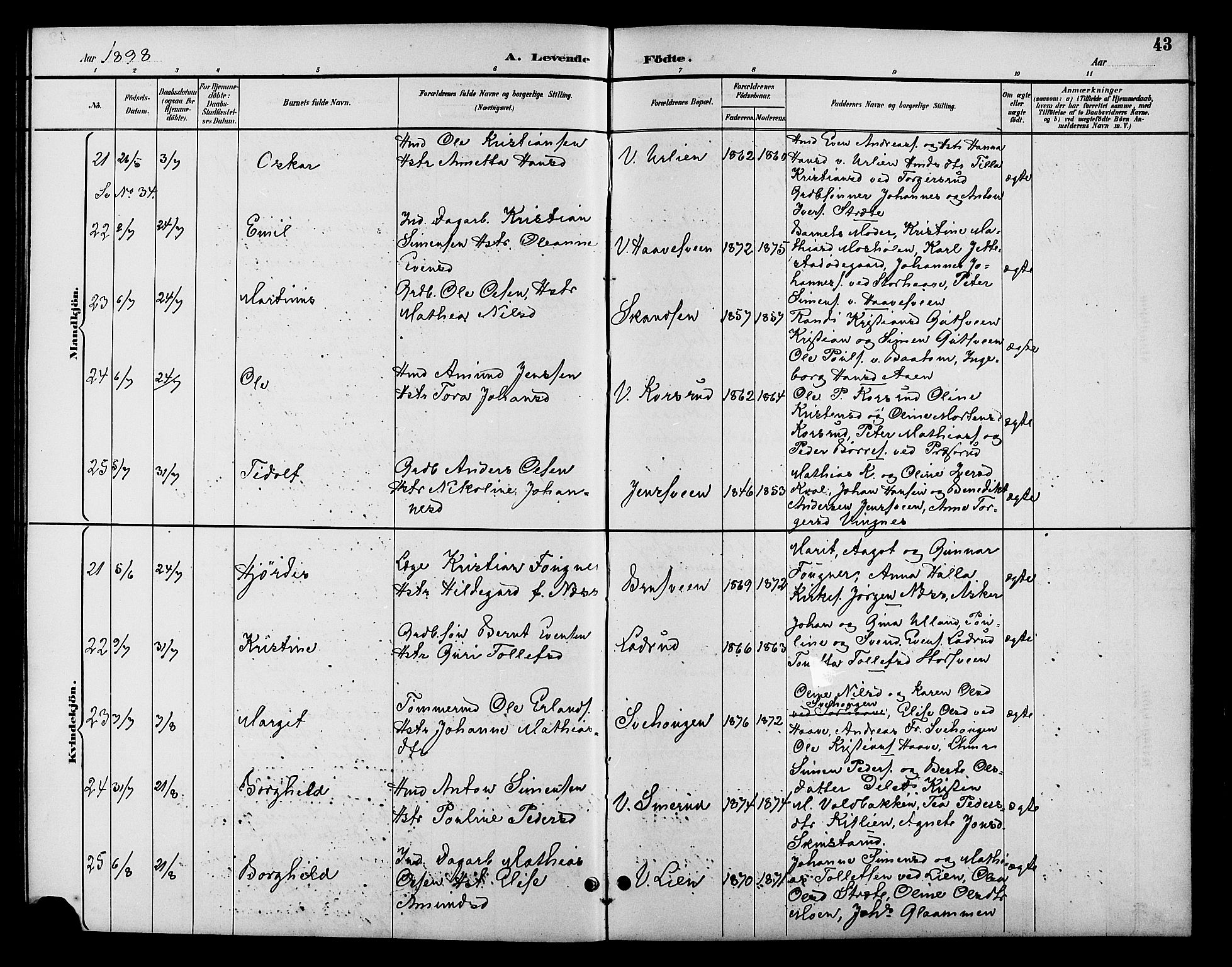 Fåberg prestekontor, AV/SAH-PREST-086/H/Ha/Hab/L0010: Parish register (copy) no. 10, 1892-1900, p. 43