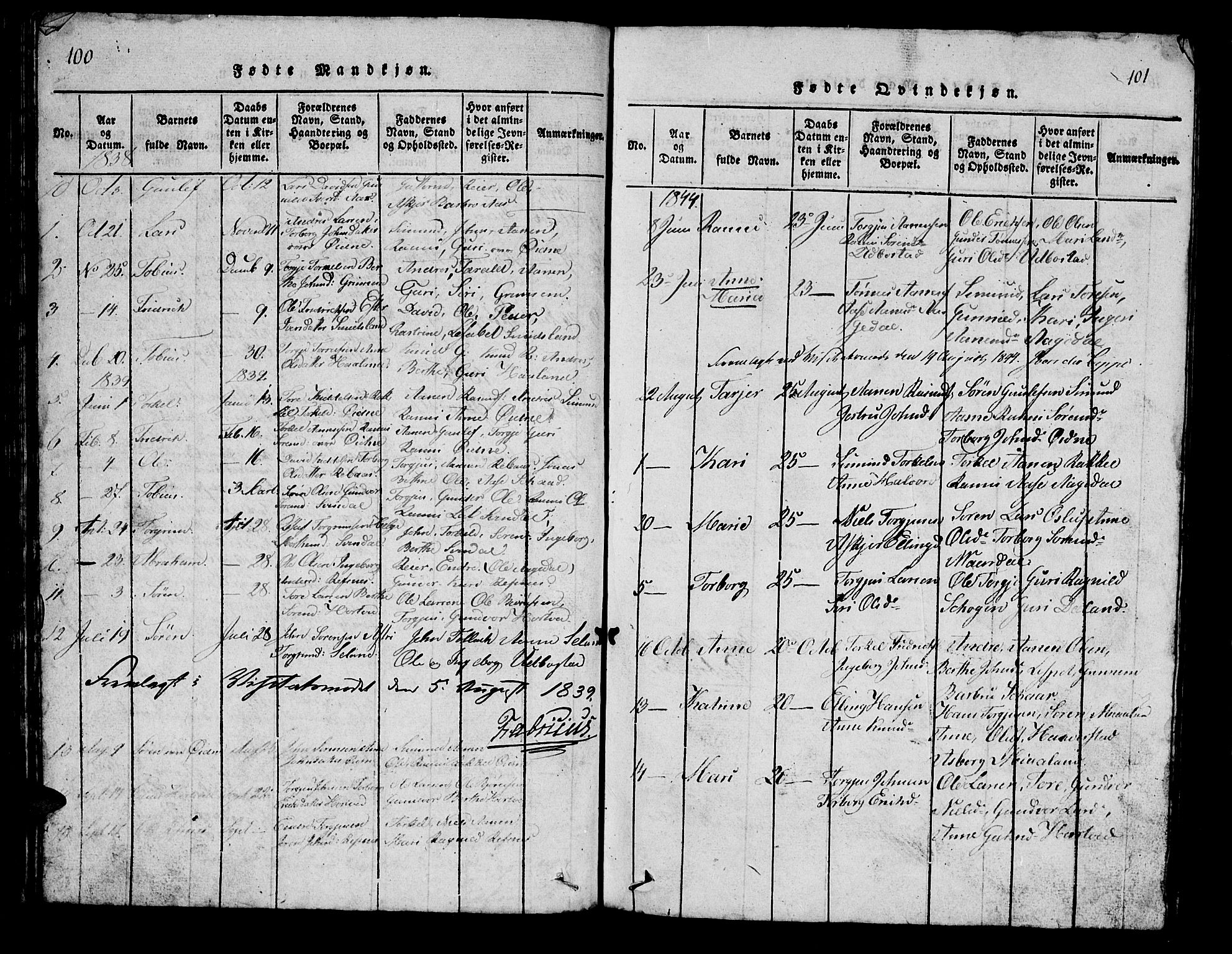 Bjelland sokneprestkontor, SAK/1111-0005/F/Fb/Fbc/L0001: Parish register (copy) no. B 1, 1815-1870, p. 100-101