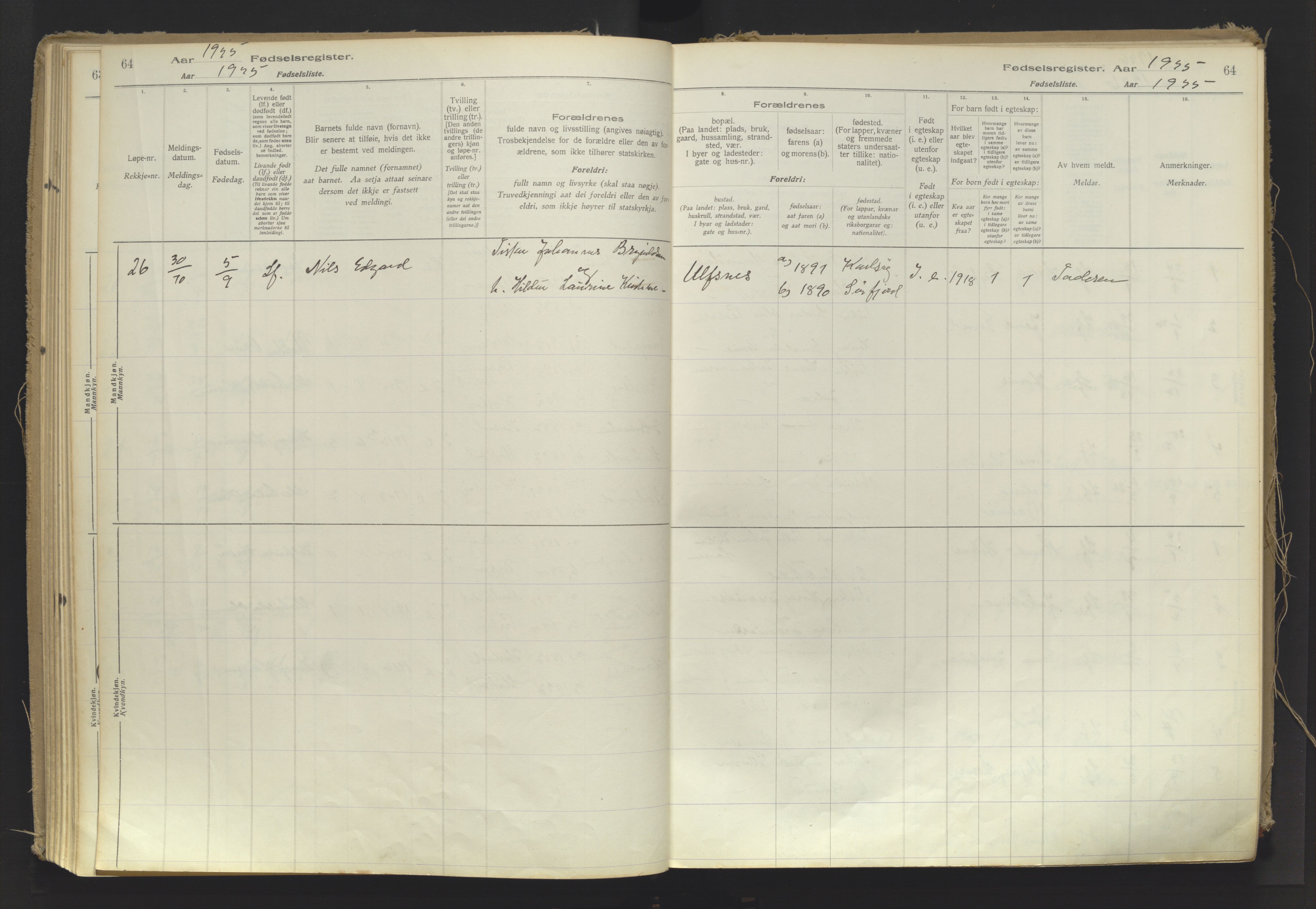 Karlsøy sokneprestembete, AV/SATØ-S-1299/I/Ic/L0064: Birth register no. 64, 1916-1943, p. 64