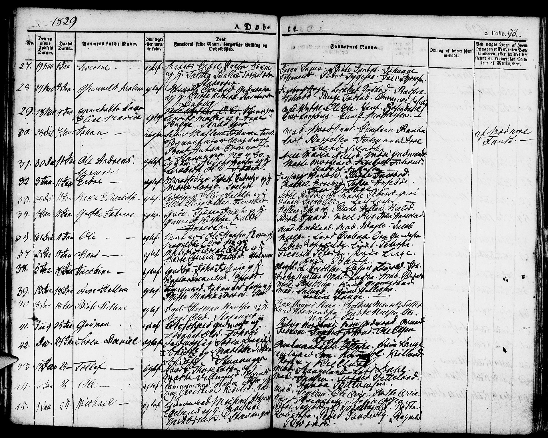 Domkirken sokneprestkontor, SAST/A-101812/001/30/30BA/L0009: Parish register (official) no. A 9, 1821-1832, p. 98