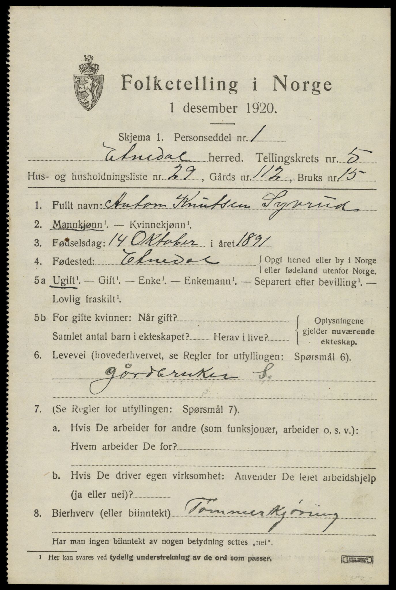 SAH, 1920 census for Etnedal, 1920, p. 2228