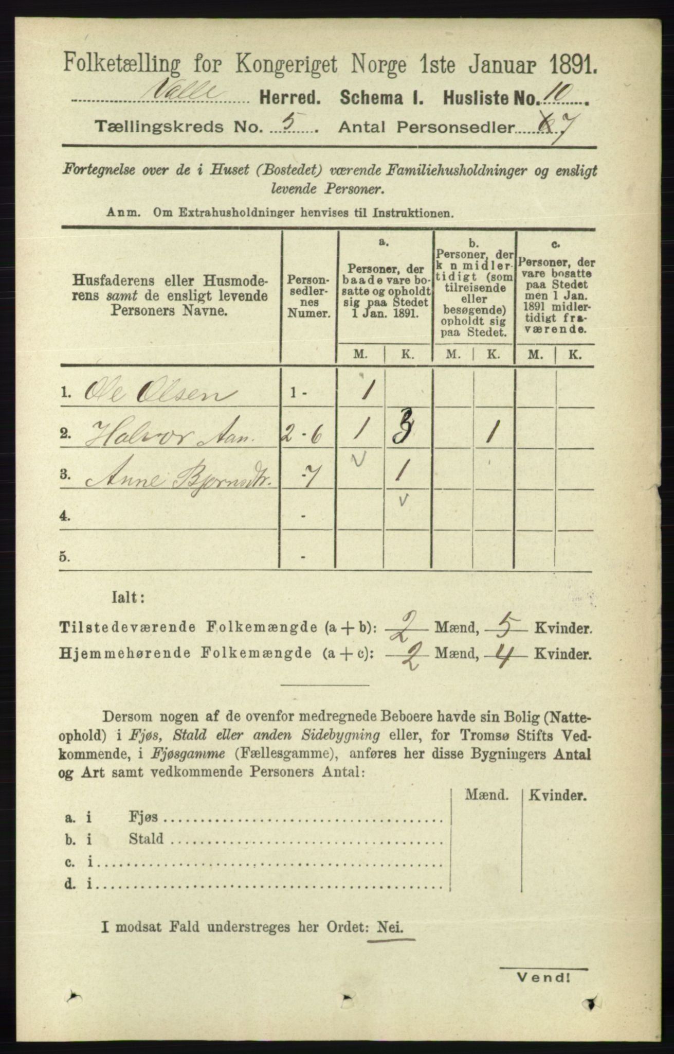 RA, 1891 census for 0940 Valle, 1891, p. 1292