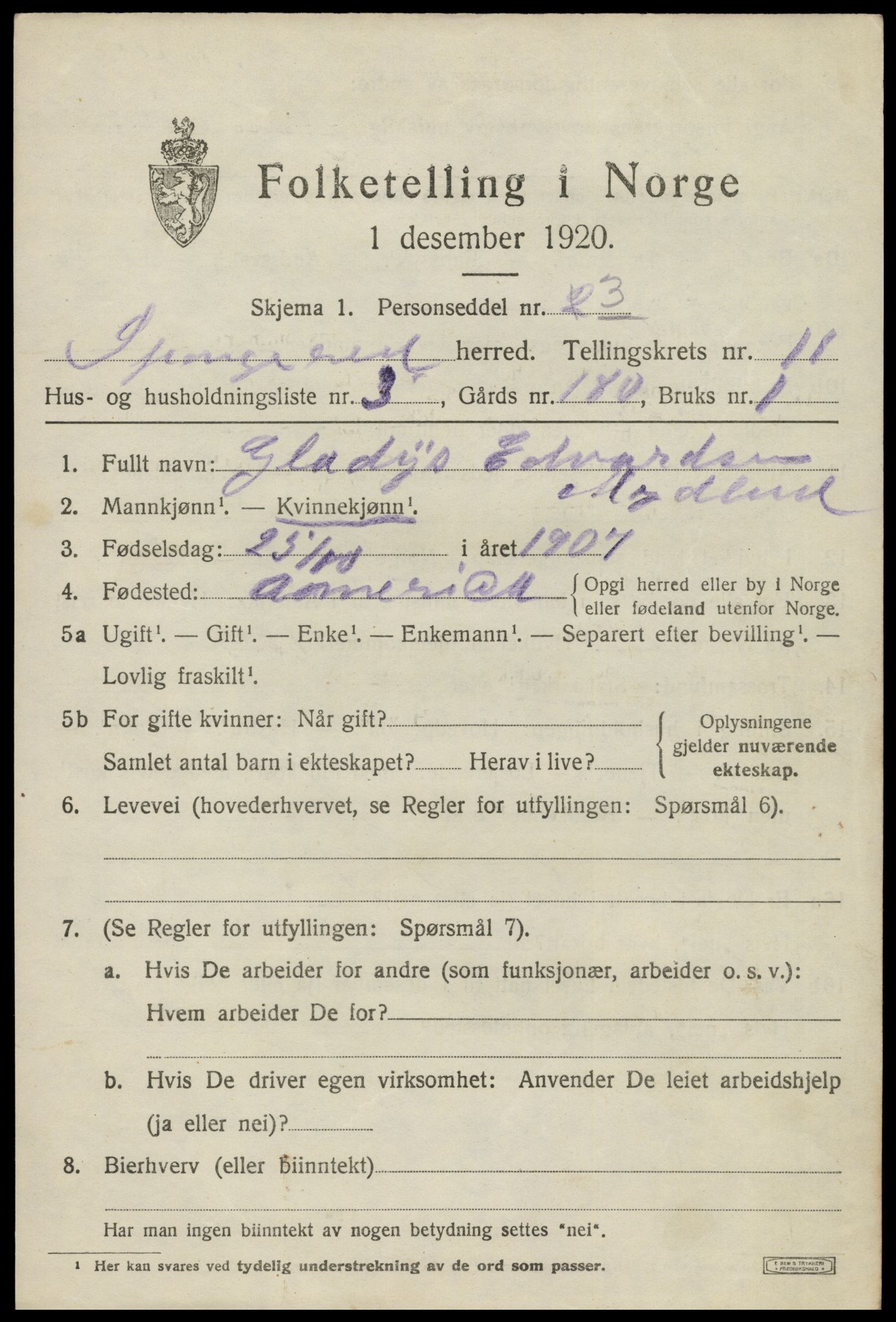 SAK, 1920 census for Spangereid, 1920, p. 3677