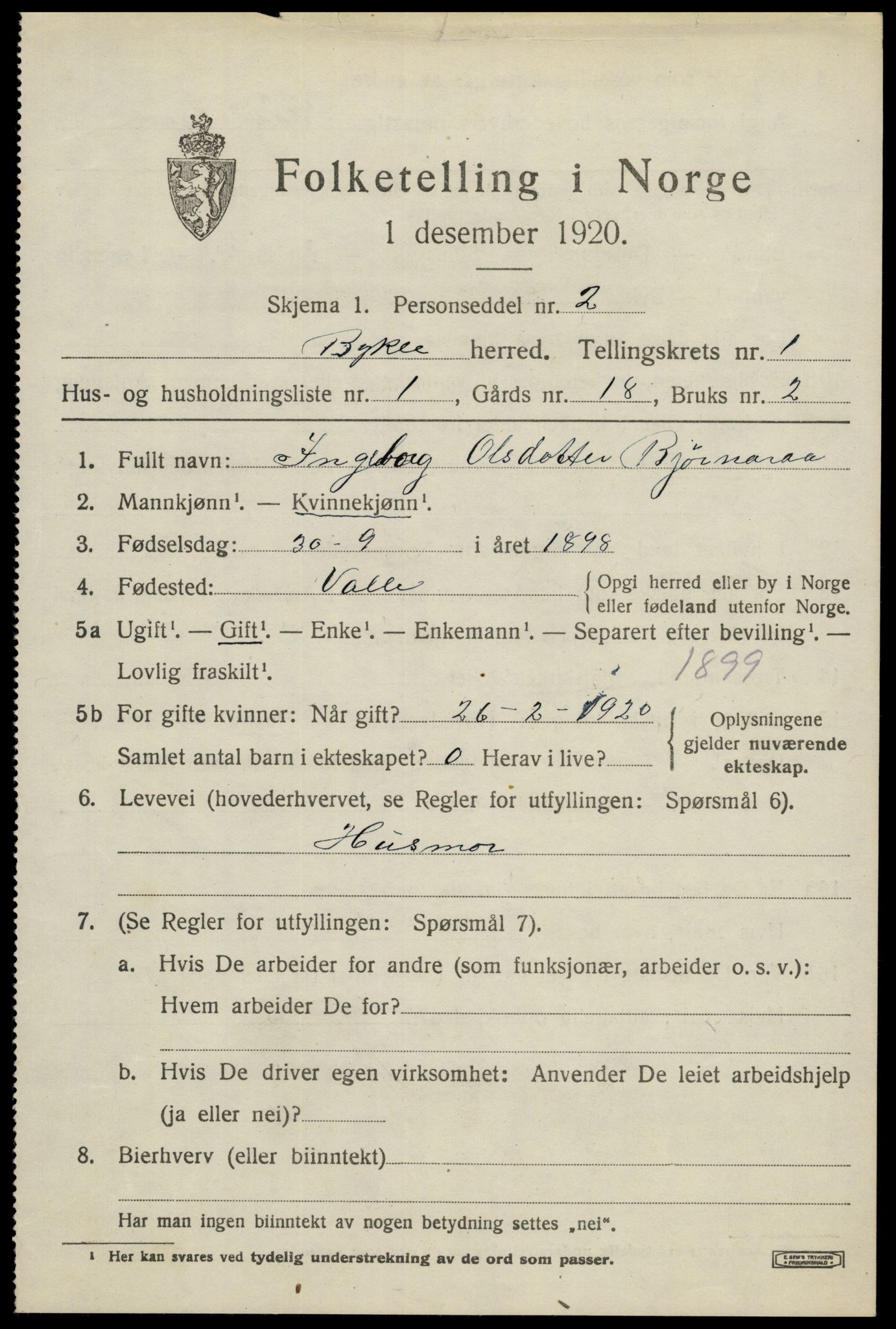 SAK, 1920 census for Bykle, 1920, p. 219